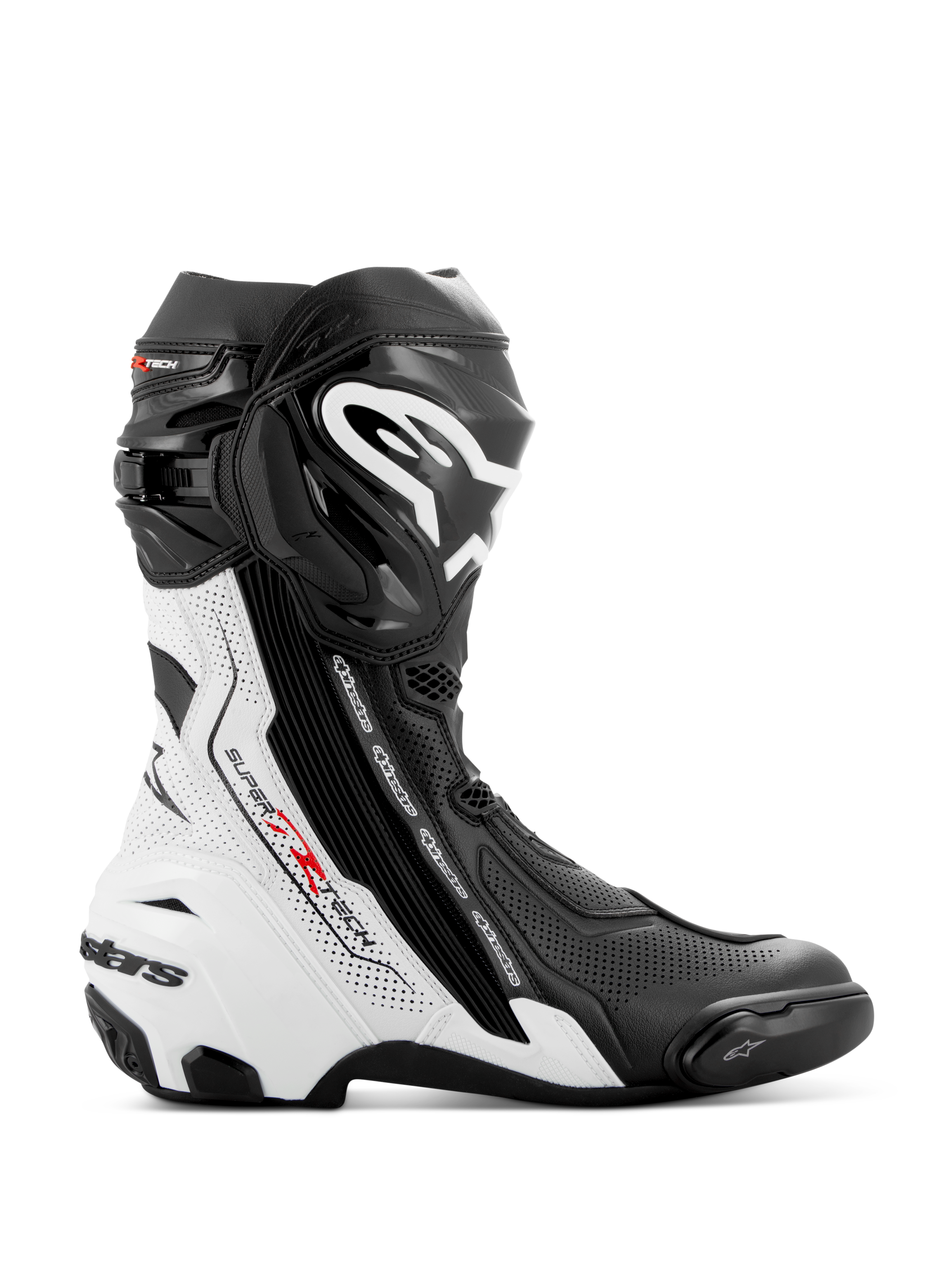 Alpinestars Supertech R Vented Boots, stivali da moto racing, nero e bianco con dettagli rossi, profilo laterale con ampie perforazioni per la traspirabilità, grande logo bianco sullo stinco e saponette protettive in TPU