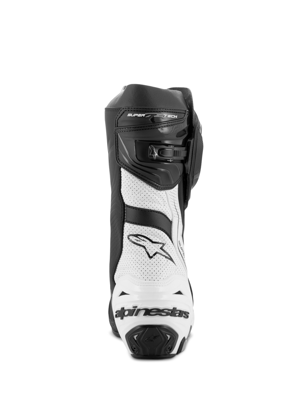 Stivali Alpinestars Supertech R Vented, stivali da corsa per moto, nero e bianco, vista posteriore che mostra pannelli in microfibra bianca microforata, protezione del tallone in TPU nero con logo Alpinestars e sistema di chiusura regolabile