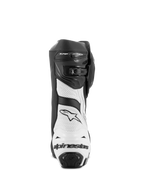 Stivali Alpinestars Supertech R Vented, stivali da corsa per moto, nero e bianco, vista posteriore che mostra pannelli in microfibra bianca microforata, protezione del tallone in TPU nero con logo Alpinestars e sistema di chiusura regolabile