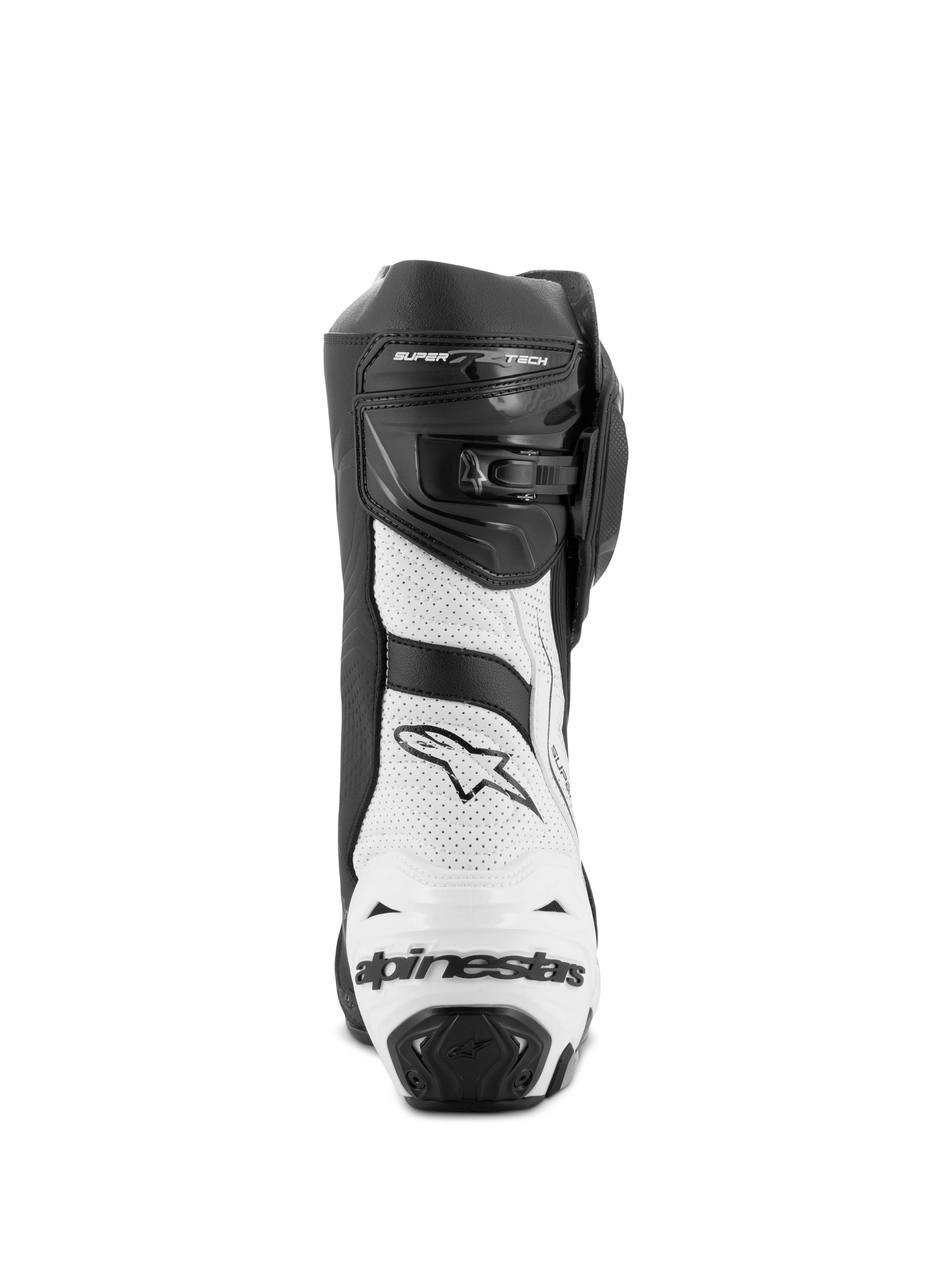 Stivali Alpinestars Supertech R Vented, stivali da corsa per moto, nero e bianco, vista posteriore che mostra pannelli in microfibra bianca microforata, protezione del tallone in TPU nero con logo Alpinestars e sistema di chiusura regolabile