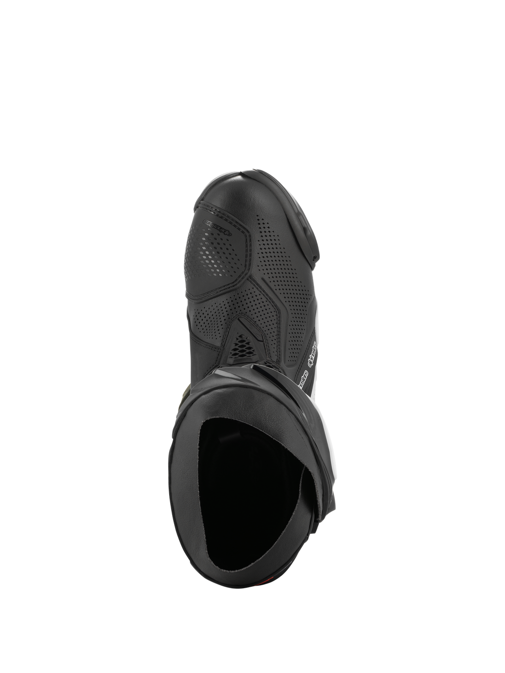 Stivali Alpinestars Supertech R Vented, nero e bianco, vista dall'alto che evidenzia la struttura traforata per il flusso d'aria, la protezione del cambio in TPU e l'apertura ergonomica, stivale da moto racing professionale