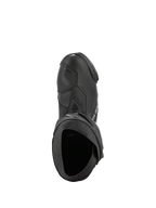 Stivali Alpinestars Supertech R Vented, nero e bianco, vista dall'alto che evidenzia la struttura traforata per il flusso d'aria, la protezione del cambio in TPU e l'apertura ergonomica, stivale da moto racing professionale