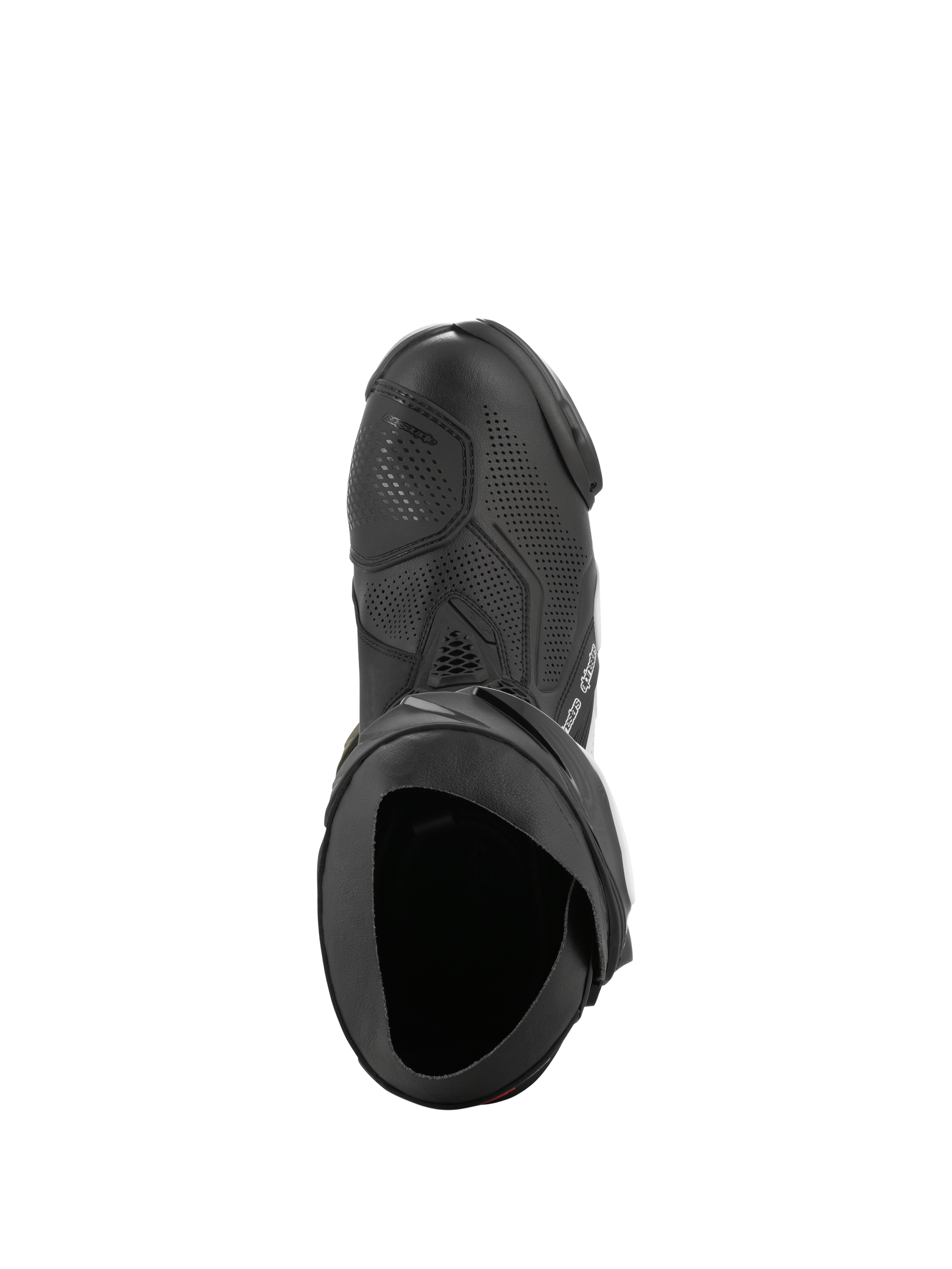 Stivali Alpinestars Supertech R Vented, nero e bianco, vista dall'alto che evidenzia la struttura traforata per il flusso d'aria, la protezione del cambio in TPU e l'apertura ergonomica, stivale da moto racing professionale