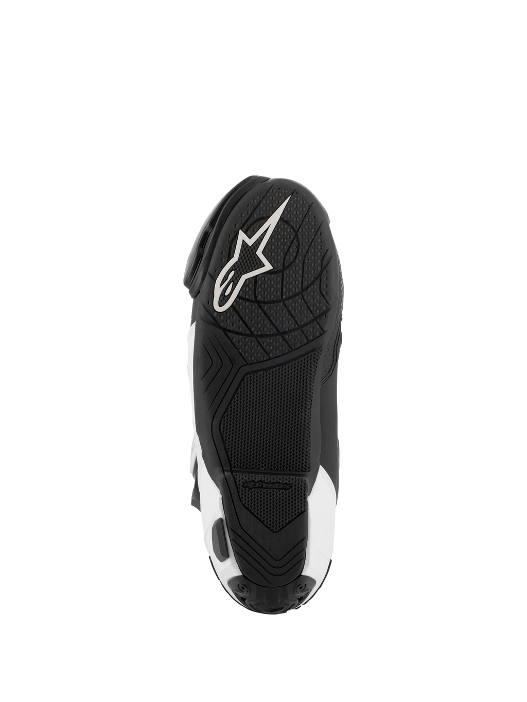 Alpinestars Supertech R Vented Boots, stivali da corsa per motociclismo, nero e bianco, vista dal basso della suola con grip in gomma testurizzata e logo Alpinestars bianco
