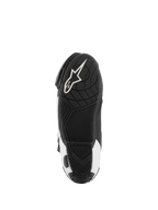 Alpinestars Supertech R Vented Boots, stivali da corsa per motociclismo, nero e bianco, vista dal basso della suola con grip in gomma testurizzata e logo Alpinestars bianco