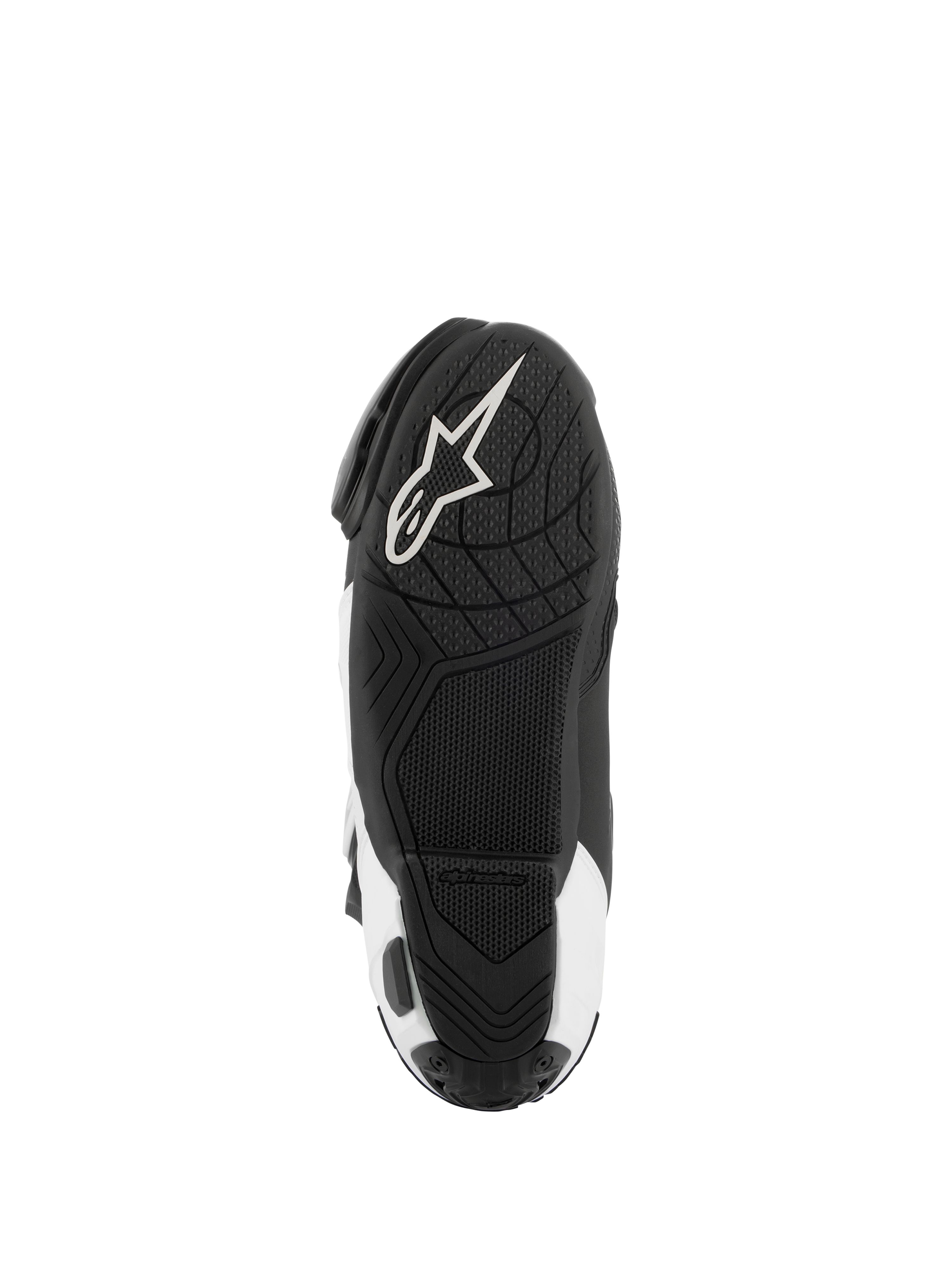 Alpinestars Supertech R Vented Boots, stivali da corsa per motociclismo, nero e bianco, vista dal basso della suola con grip in gomma testurizzata e logo Alpinestars bianco