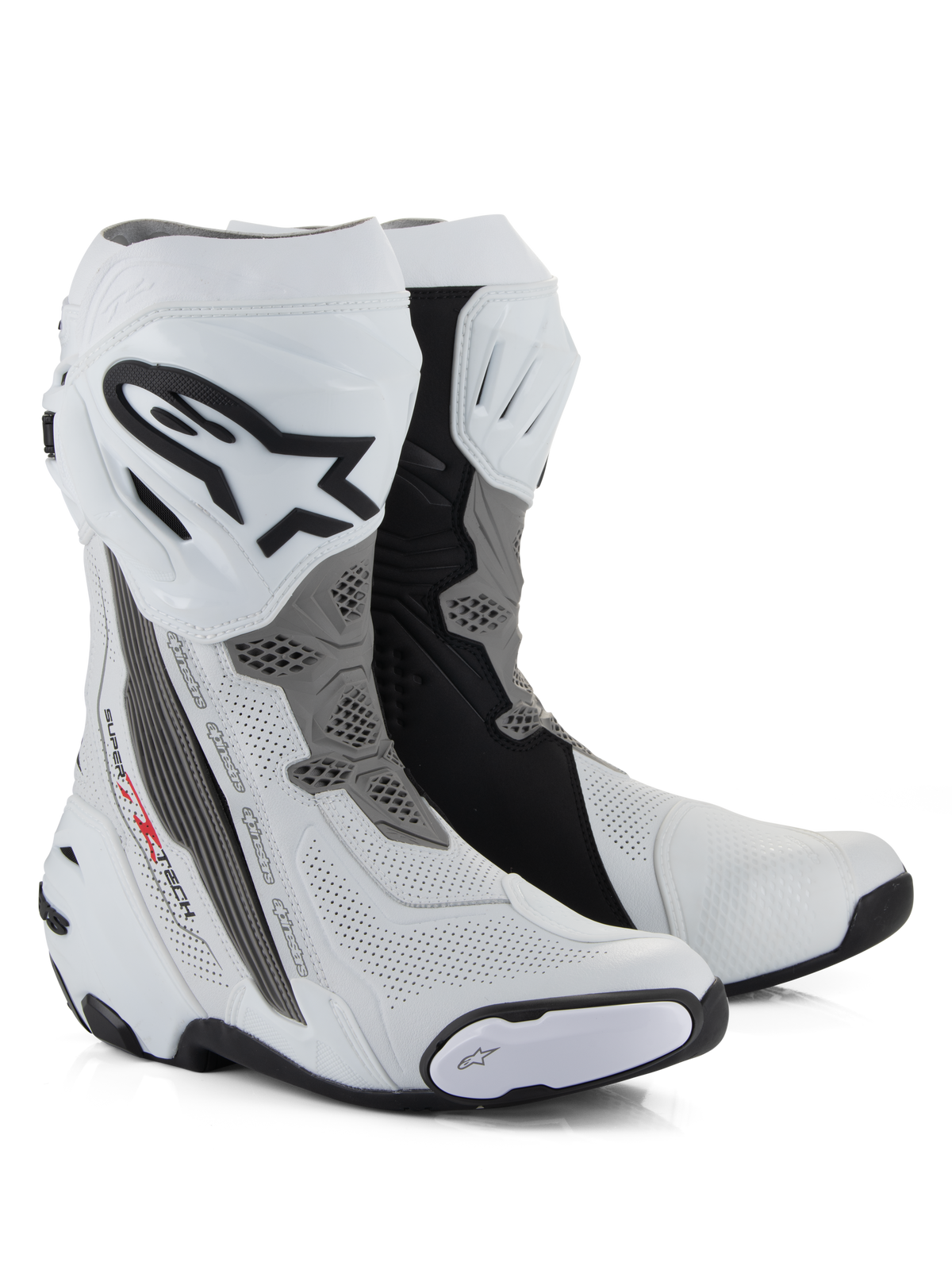 Alpinestars Supertech R Vented Boots, stivali da moto racing, bianco, grigio medio e nero, con struttura in microfibra traforata per il flusso d'aria, placca tibiale in TPU con logo Alpinestars e slider sostituibili, design professionale pronto per la pista