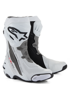 Alpinestars Supertech R Vented Boots, stivali da moto racing, bianco, grigio medio e nero, con struttura in microfibra traforata per il flusso d'aria, placca tibiale in TPU con logo Alpinestars e slider sostituibili, design professionale pronto per la pista