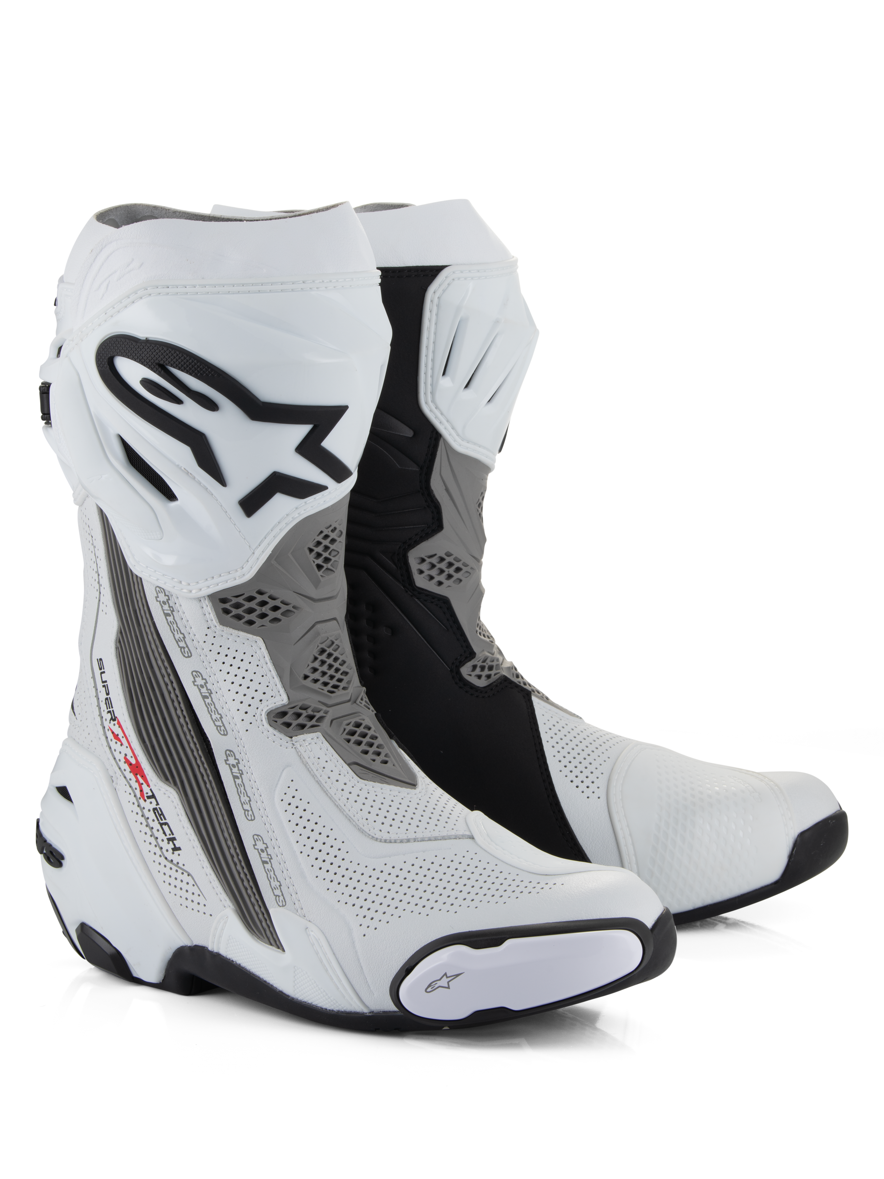 Alpinestars Supertech R Vented Boots, stivali da moto racing, bianco, grigio medio e nero, con struttura in microfibra traforata per il flusso d'aria, placca tibiale in TPU con logo Alpinestars e slider sostituibili, design professionale pronto per la pista