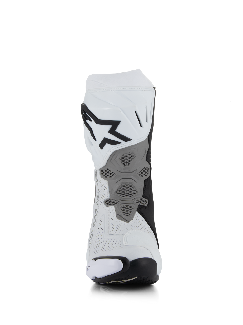 Stivali Alpinestars Supertech R Vented, Bianco Grigio Medio Nero, vista posteriore che mostra la costruzione in microfibra traforata, piastra del tallone grigia ridisegnata con trama a nido d'ape, logo nero sulla parte superiore del polpaccio, calzature professionali da corsa e sportive per moto