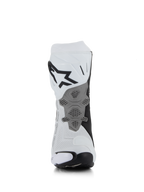 Stivali Alpinestars Supertech R Vented, Bianco Grigio Medio Nero, vista posteriore che mostra la costruzione in microfibra traforata, piastra del tallone grigia ridisegnata con trama a nido d'ape, logo nero sulla parte superiore del polpaccio, calzature professionali da corsa e sportive per moto