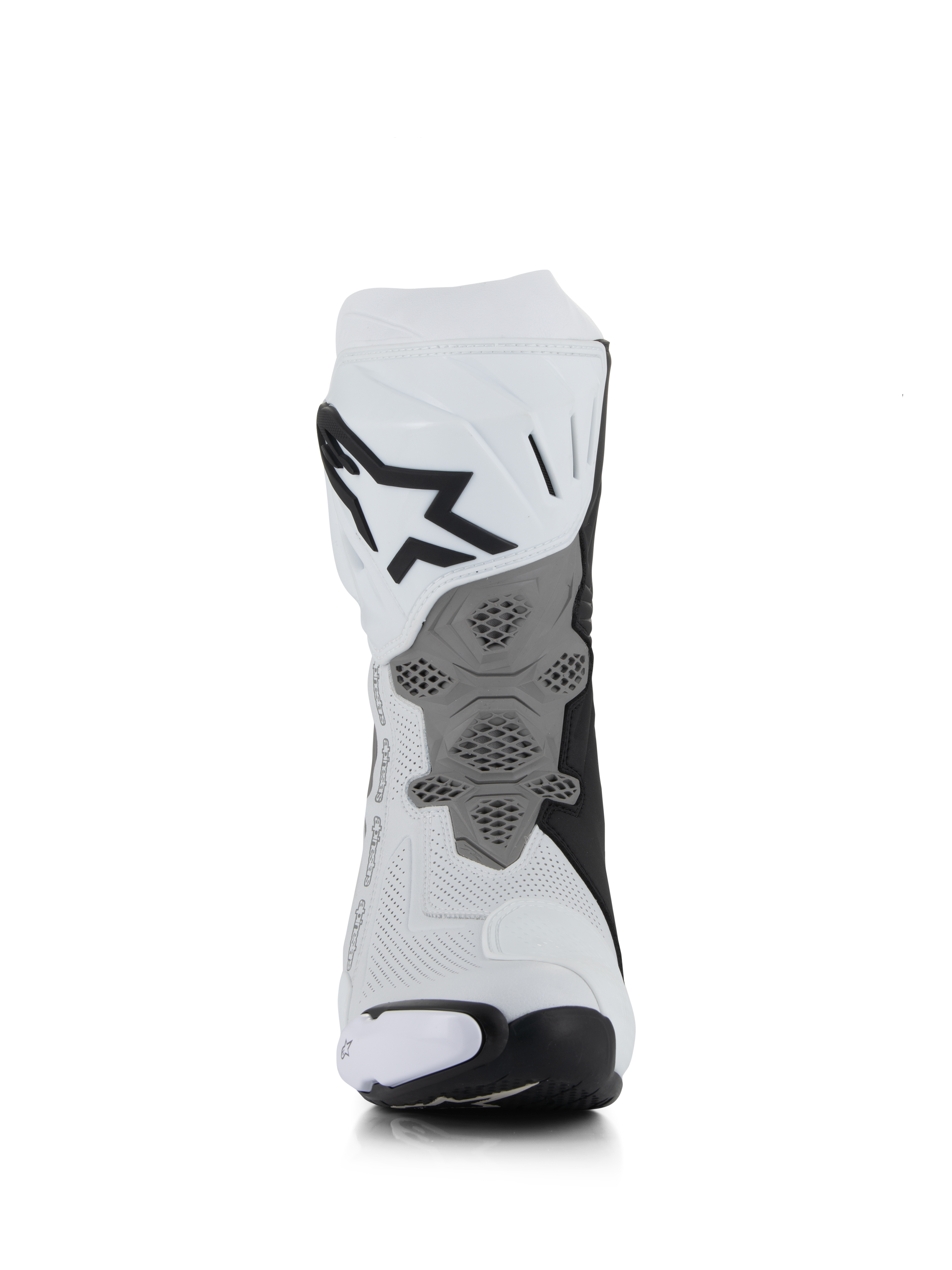Stivali Alpinestars Supertech R Vented, Bianco Grigio Medio Nero, vista posteriore che mostra la costruzione in microfibra traforata, piastra del tallone grigia ridisegnata con trama a nido d'ape, logo nero sulla parte superiore del polpaccio, calzature professionali da corsa e sportive per moto