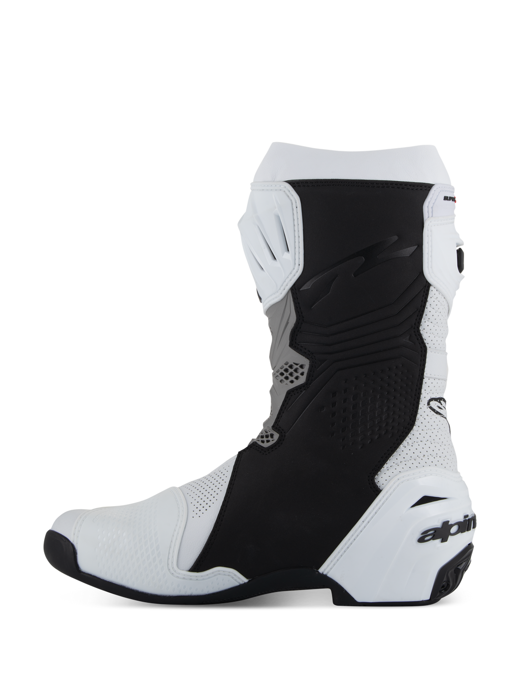 Stivali Alpinestars Supertech R Vented, calzature da moto racing/sportive, bianco, grigio medio e nero, vista laterale del profilo mediale con microfibra traforata per la ventilazione, pannelli protettivi neri per il grip e tallone in TPU bianco con logo.