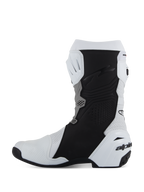 Stivali Alpinestars Supertech R Vented, calzature da moto racing/sportive, bianco, grigio medio e nero, vista laterale del profilo mediale con microfibra traforata per la ventilazione, pannelli protettivi neri per il grip e tallone in TPU bianco con logo.