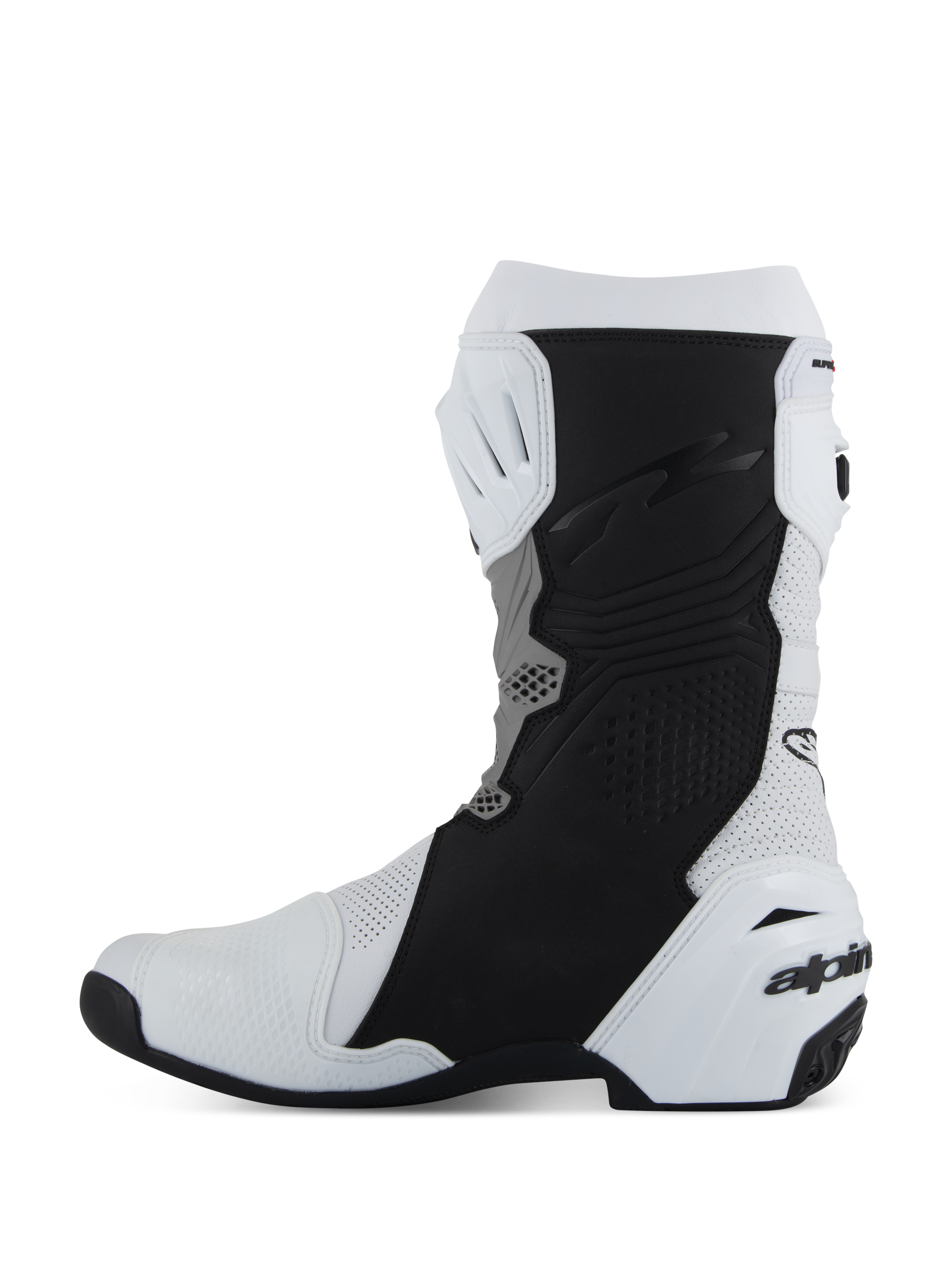 Stivali Alpinestars Supertech R Vented, calzature da moto racing/sportive, bianco, grigio medio e nero, vista laterale del profilo mediale con microfibra traforata per la ventilazione, pannelli protettivi neri per il grip e tallone in TPU bianco con logo.