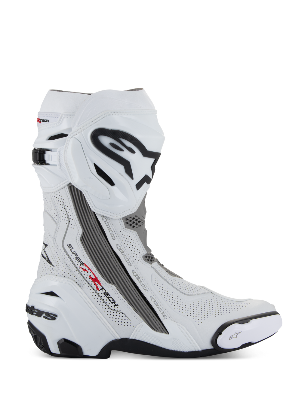 Alpinestars Supertech R Vented Boots, stivali da moto racing, bianco con dettagli grigio medio e nero, vista laterale con pannelli in microfibra traforata per la circolazione dell'aria, grande logo Alpinestars bianco e nero sulla tibia, design aerodinamico con slider sostituibili e suola in gomma nera