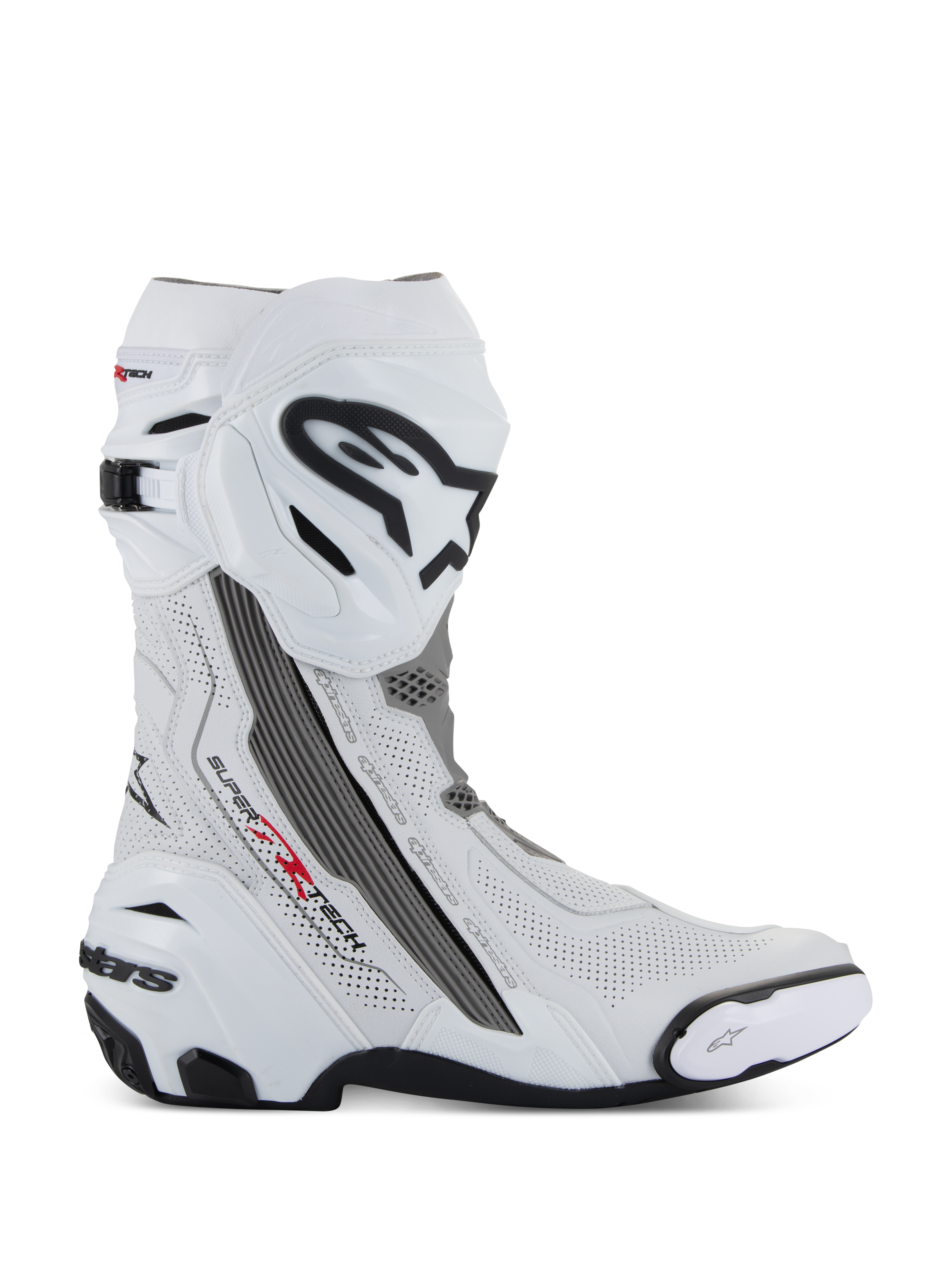 Alpinestars Supertech R Vented Boots, stivali da moto racing, bianco con dettagli grigio medio e nero, vista laterale con pannelli in microfibra traforata per la circolazione dell'aria, grande logo Alpinestars bianco e nero sulla tibia, design aerodinamico con slider sostituibili e suola in gomma nera