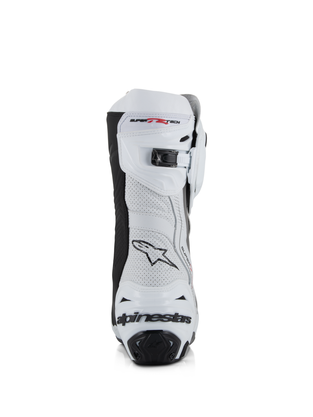 Stivali Alpinestars Supertech R Vented, bianco, grigio medio e nero, vista posteriore con tomaia in microfibra traforata, chiusura a cricchetto micro-regolabile sulla parte superiore e protezione del tallone integrata con logo Alpinestars.