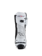 Stivali Alpinestars Supertech R Vented, bianco, grigio medio e nero, vista posteriore con tomaia in microfibra traforata, chiusura a cricchetto micro-regolabile sulla parte superiore e protezione del tallone integrata con logo Alpinestars.