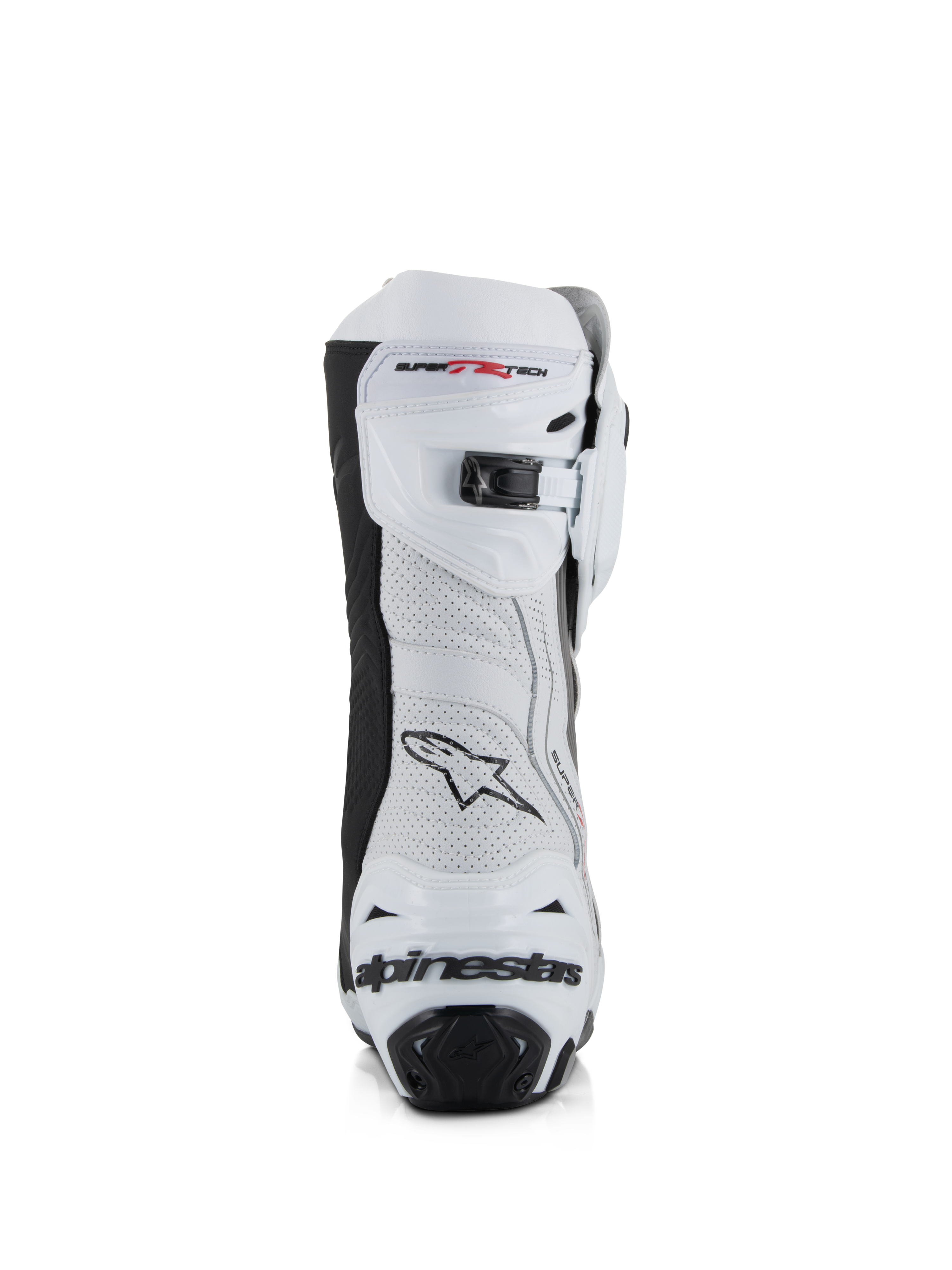Stivali Alpinestars Supertech R Vented, bianco, grigio medio e nero, vista posteriore con tomaia in microfibra traforata, chiusura a cricchetto micro-regolabile sulla parte superiore e protezione del tallone integrata con logo Alpinestars.