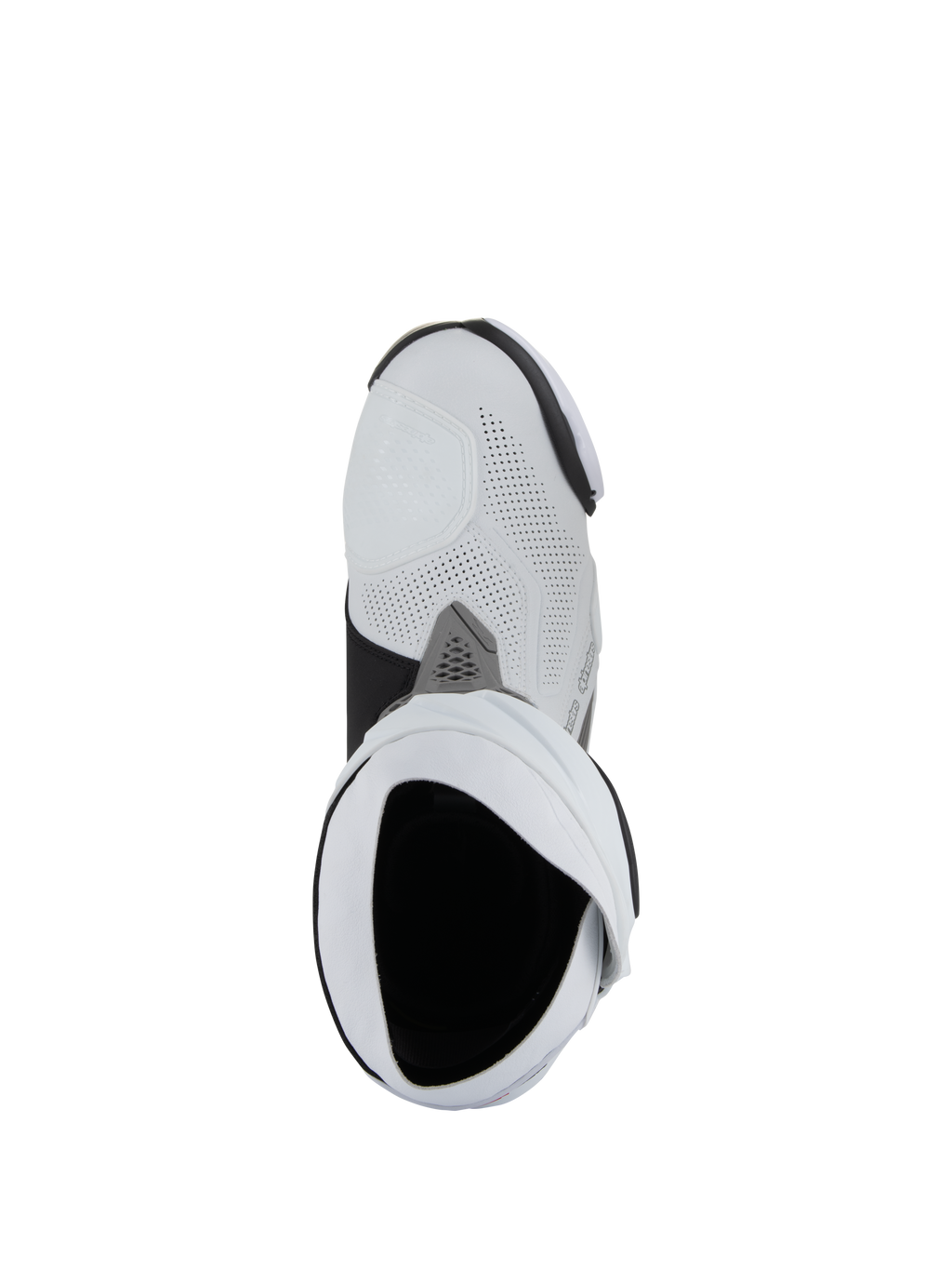 Alpinestars Supertech R Vented Boots, stivali da moto racing, bianco, grigio medio e nero, vista dall'alto a volo d'uccello dell'apertura dello stivale, con struttura in microfibra traforata e design racing elegante