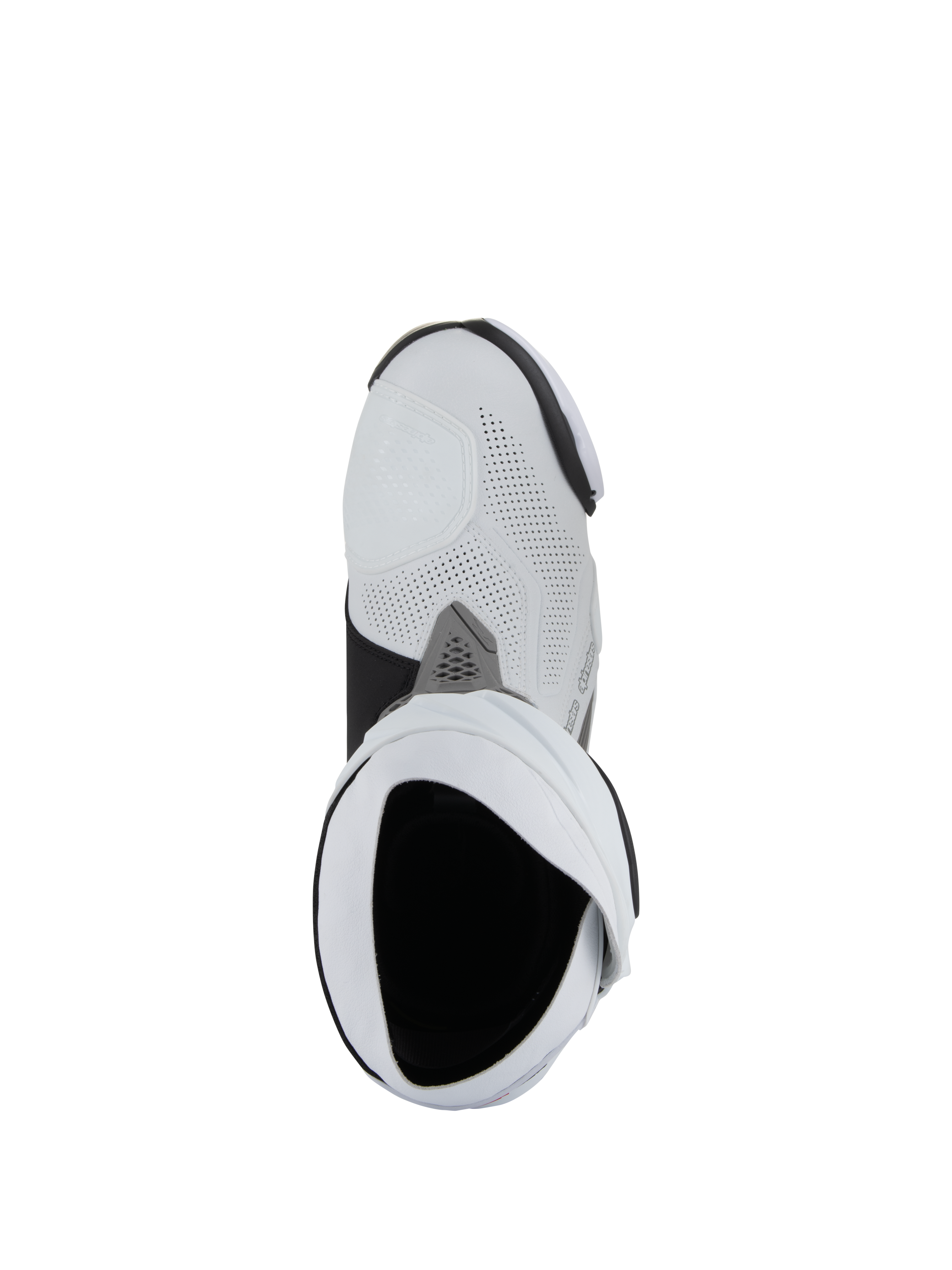 Alpinestars Supertech R Vented Boots, stivali da moto racing, bianco, grigio medio e nero, vista dall'alto a volo d'uccello dell'apertura dello stivale, con struttura in microfibra traforata e design racing elegante