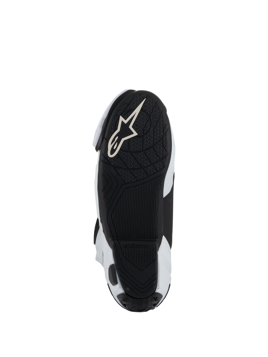 Suola degli stivali Alpinestars Supertech R Vented, suola esterna in gomma leggera nera con battistrada testurizzato per il grip sulle pedane, con logo Alpinestars Astar bianco, colorazione bianca e nera