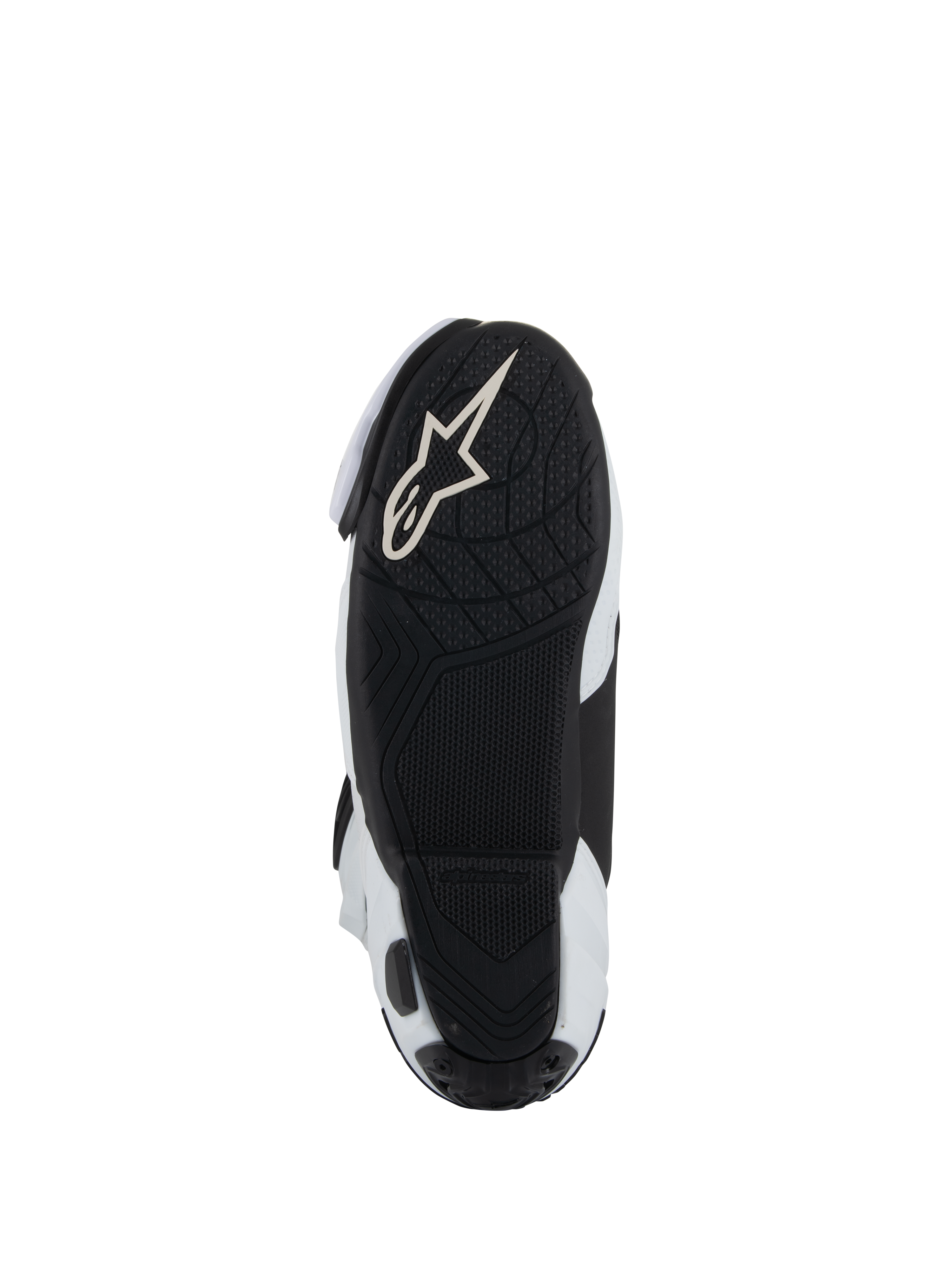 Suola degli stivali Alpinestars Supertech R Vented, suola esterna in gomma leggera nera con battistrada testurizzato per il grip sulle pedane, con logo Alpinestars Astar bianco, colorazione bianca e nera