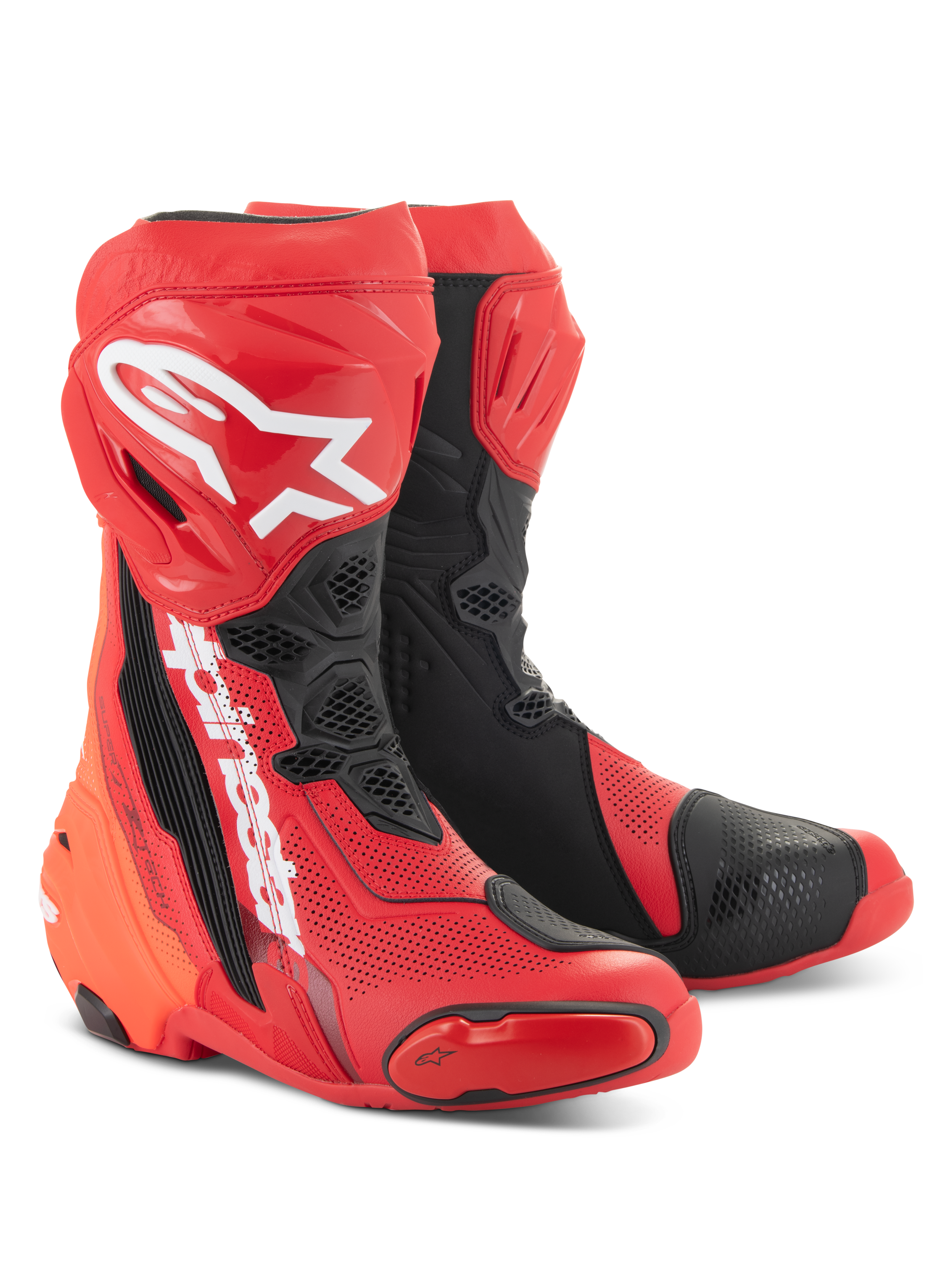 Alpinestars Supertech R Vented Boots, rosso vivo e nero, stivali da moto da corsa ad alte prestazioni con ampie perforazioni, logo A-star bianco sullo stinco e pannelli protettivi in TPU resistenti
