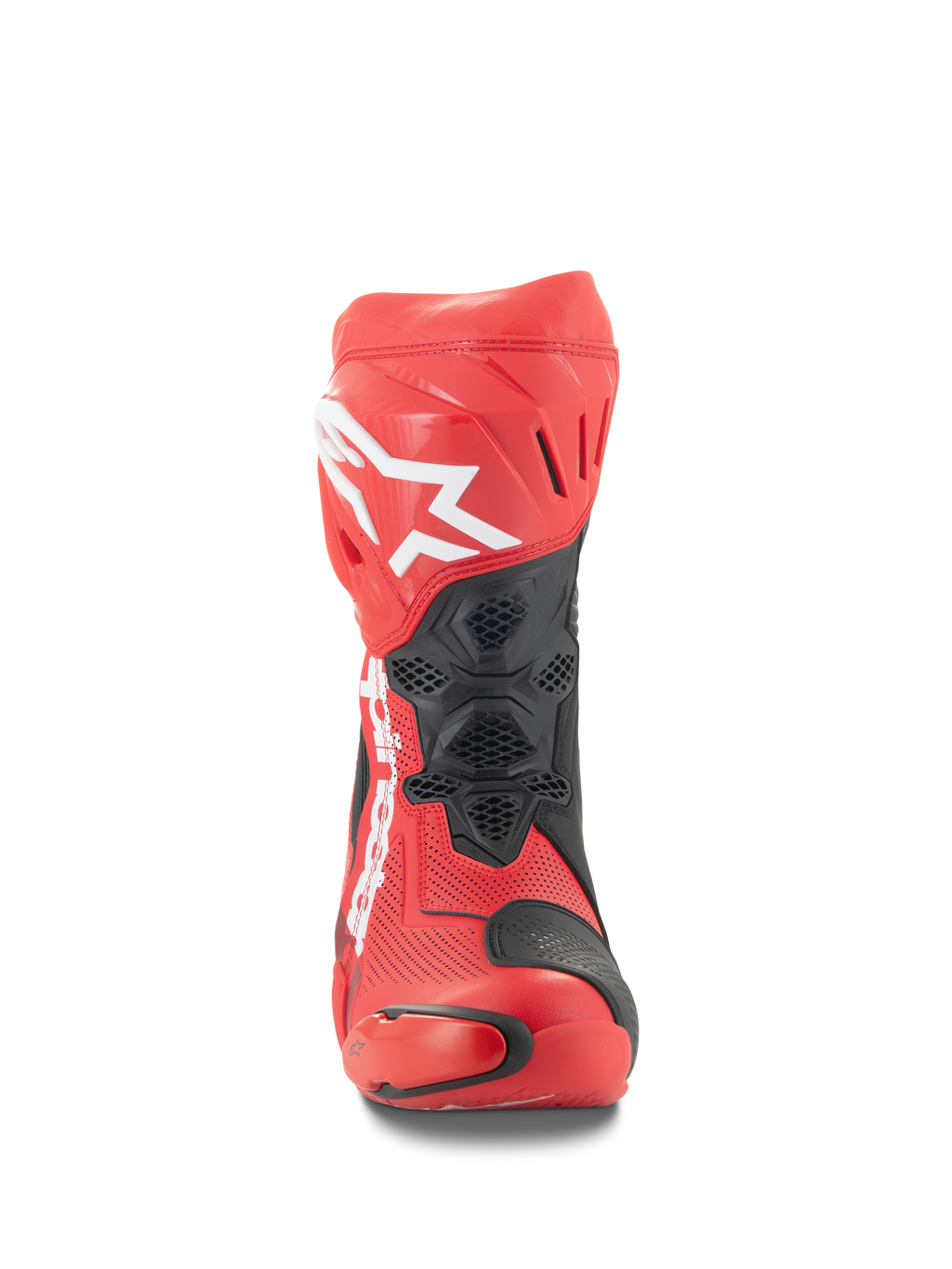Stivali Alpinestars Supertech R Vented, vista frontale, rosso brillante e rosso fluo con accenti neri, logo Alpinestars bianco sulla tibia, costruzione in microfibra traforata per il flusso d'aria e pannelli protettivi in TPU per il racing