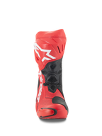 Stivali Alpinestars Supertech R Vented, vista frontale, rosso brillante e rosso fluo con accenti neri, logo Alpinestars bianco sulla tibia, costruzione in microfibra traforata per il flusso d'aria e pannelli protettivi in TPU per il racing