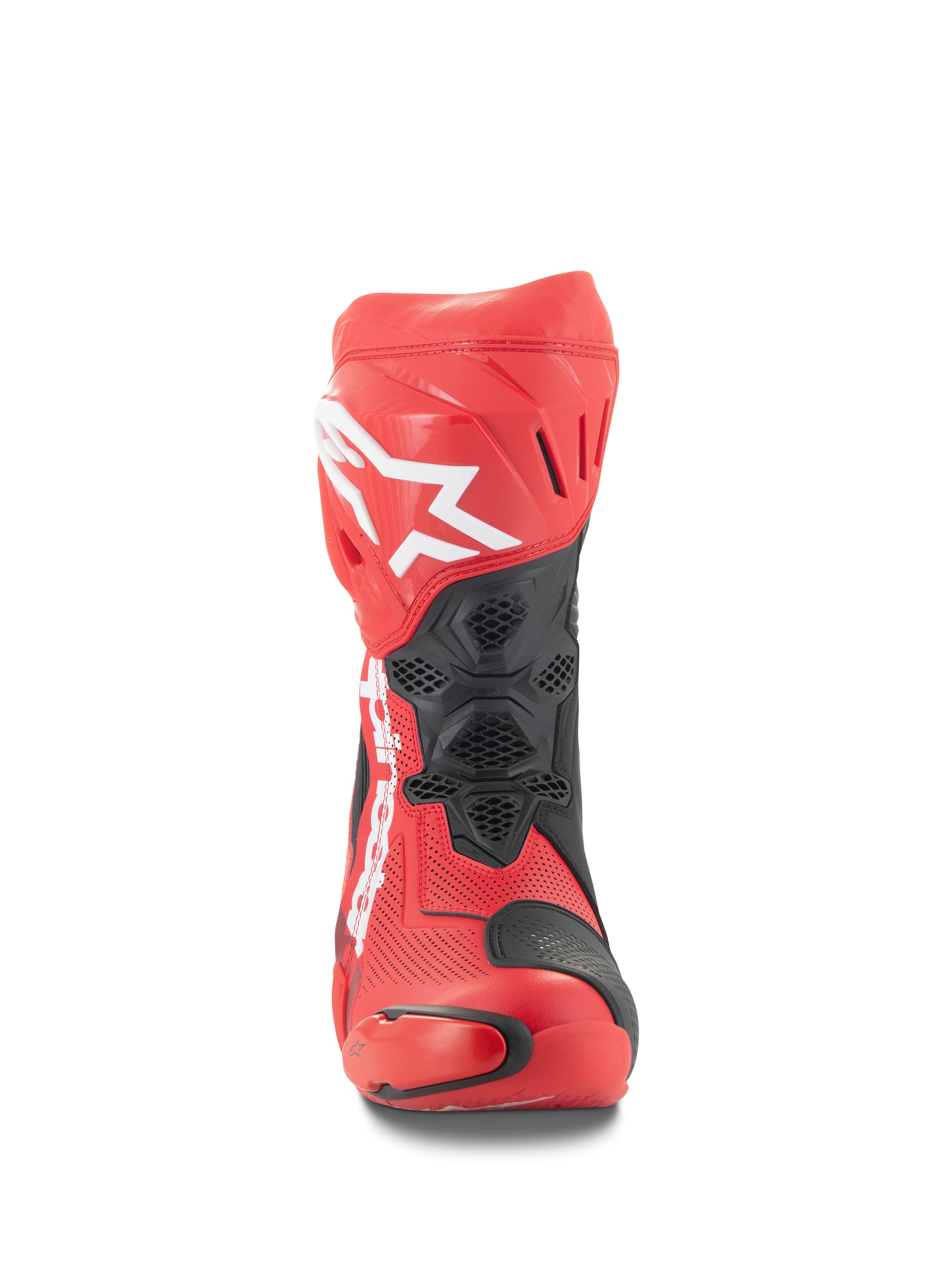 Stivali Alpinestars Supertech R Vented, vista frontale, rosso brillante e rosso fluo con accenti neri, logo Alpinestars bianco sulla tibia, costruzione in microfibra traforata per il flusso d'aria e pannelli protettivi in TPU per il racing