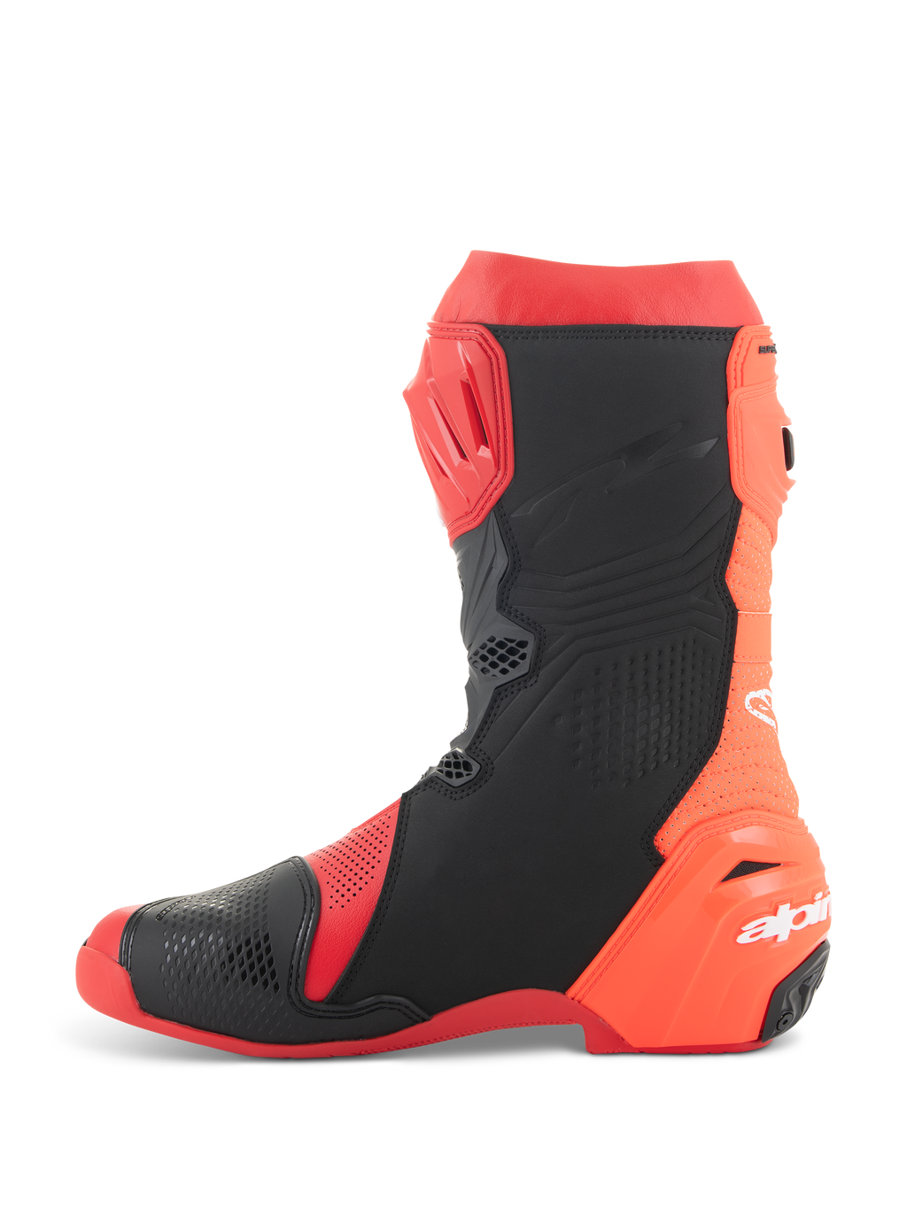 Alpinestars Supertech R Vented Boots, stivali da moto racing, rosso brillante e rosso fluo con dettagli neri, vista laterale con ampie perforazioni per il massimo flusso d'aria e pannelli di protezione in TPU.
