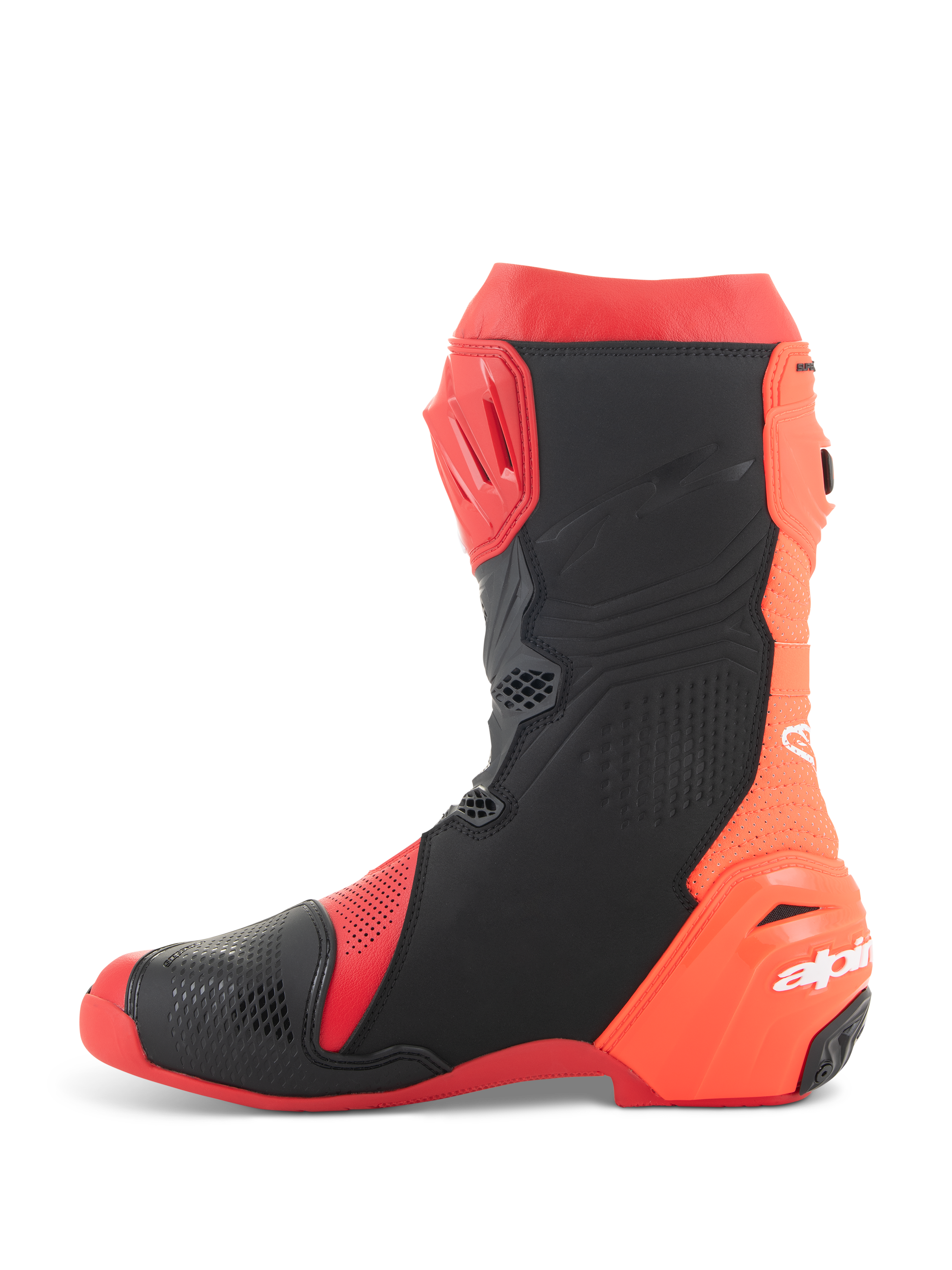 Alpinestars Supertech R Vented Boots, stivali da moto racing, rosso brillante e rosso fluo con dettagli neri, vista laterale con ampie perforazioni per il massimo flusso d'aria e pannelli di protezione in TPU.