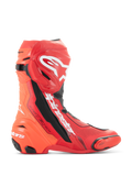 Alpinestars Supertech R Vented Boots, stivali da moto racing, rosso acceso e rosso fluo con dettagli bianchi e neri, vista laterale con ampie perforazioni per la traspirabilità, logo Astar bianco sullo stinco, slider in TPU su punta e tallone, calzature da pista professionali