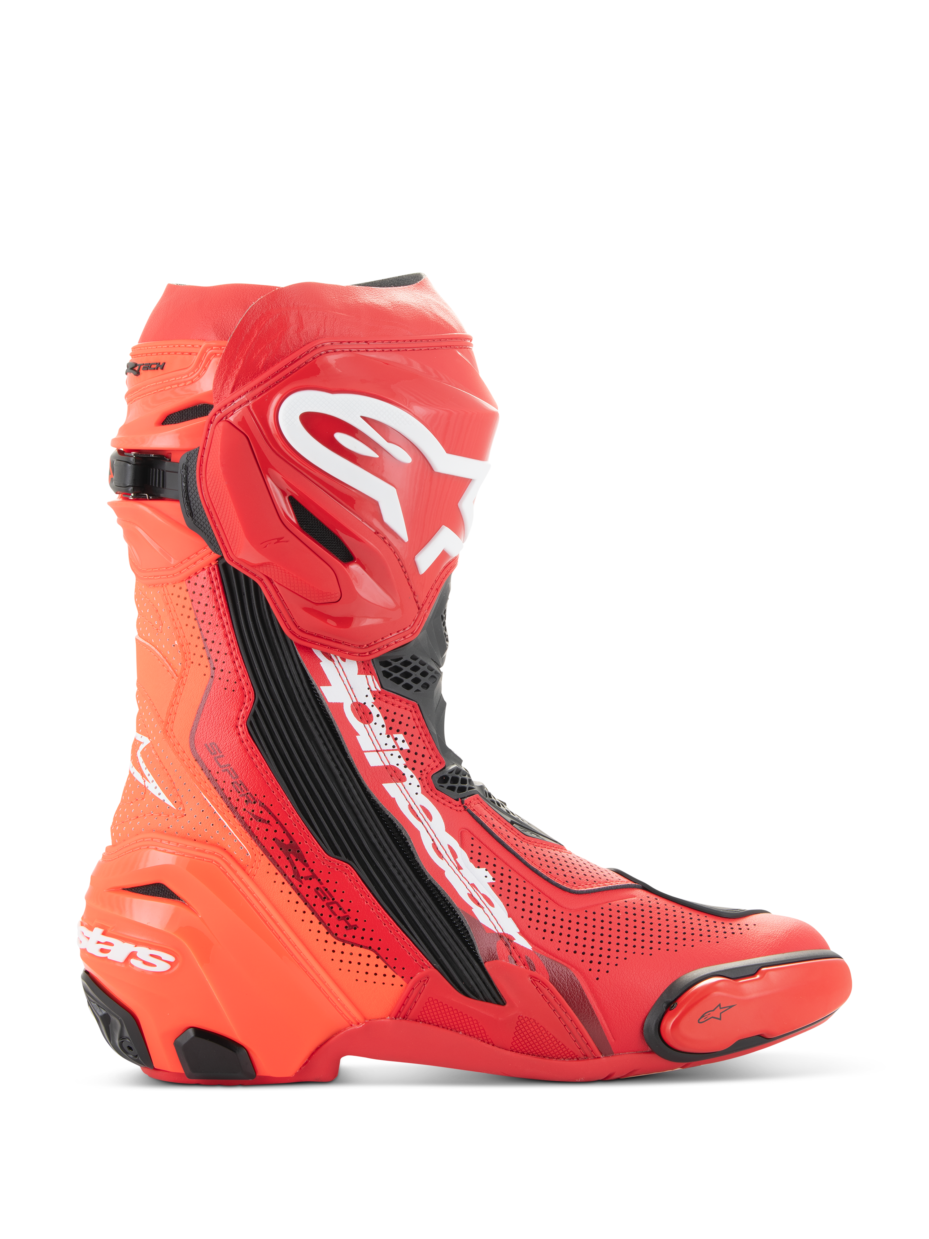 Alpinestars Supertech R Vented Boots, stivali da moto racing, rosso acceso e rosso fluo con dettagli bianchi e neri, vista laterale con ampie perforazioni per la traspirabilità, logo Astar bianco sullo stinco, slider in TPU su punta e tallone, calzature da pista professionali