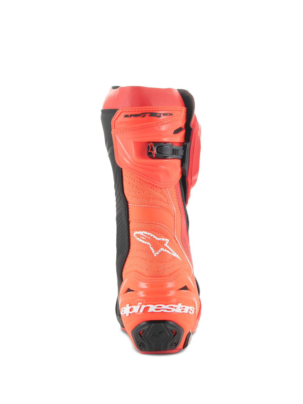 Alpinestars Supertech R Vented Boots, stivali da moto racing, rosso acceso e rosso fluo, vista posteriore con struttura traforata per la ventilazione, protezioni tallone in TPU e logo Alpinestars bianco