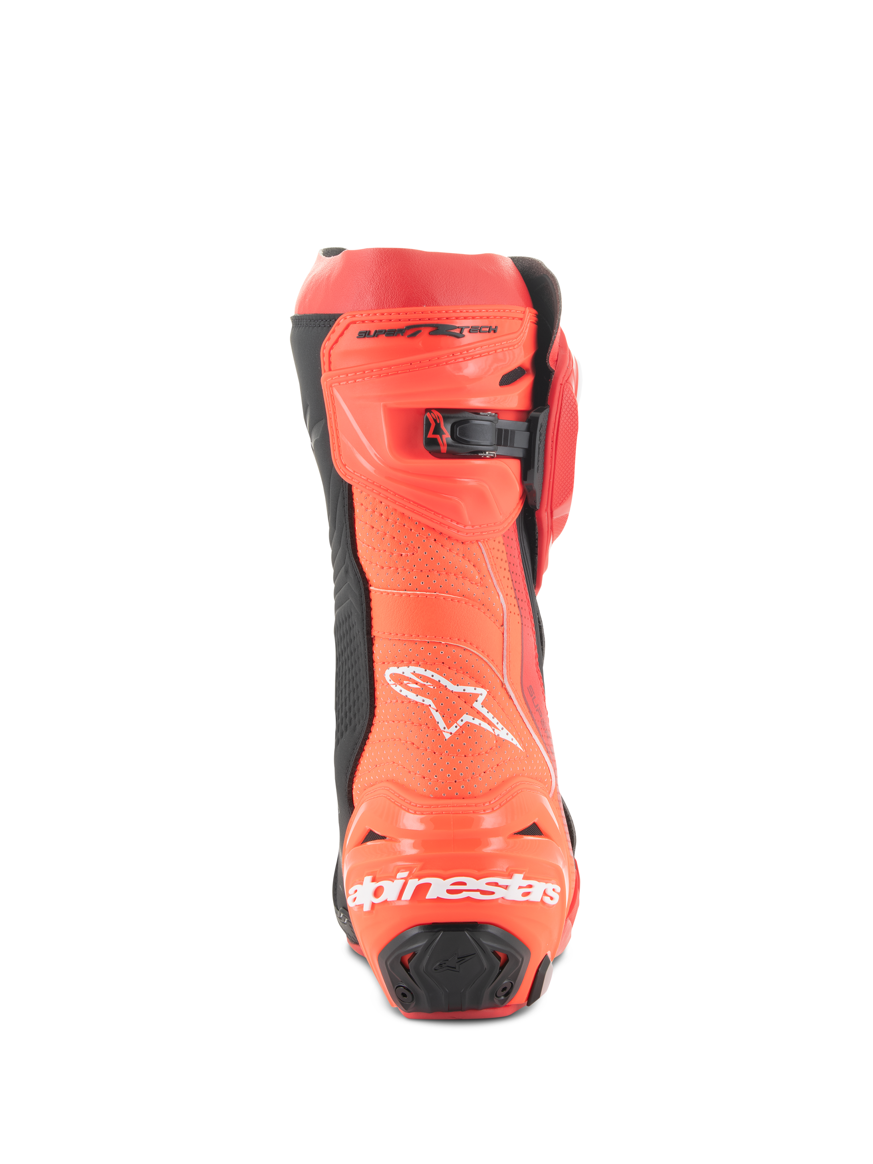 Alpinestars Supertech R Vented Boots, stivali da moto racing, rosso acceso e rosso fluo, vista posteriore con struttura traforata per la ventilazione, protezioni tallone in TPU e logo Alpinestars bianco