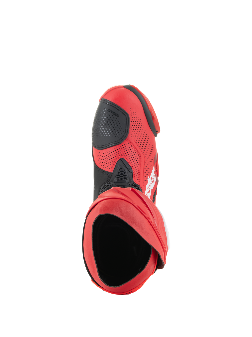 Alpinestars Supertech R Vented Boots, stivali da corsa, rosso brillante e rosso fluo, vista dall'alto che mostra l'apertura dello stivale, tomaia in microfibra traforata con protezione cambio nera, calzature professionali per pista e strada