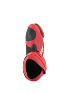 Alpinestars Supertech R Vented Boots, stivali da corsa, rosso brillante e rosso fluo, vista dall'alto che mostra l'apertura dello stivale, tomaia in microfibra traforata con protezione cambio nera, calzature professionali per pista e strada