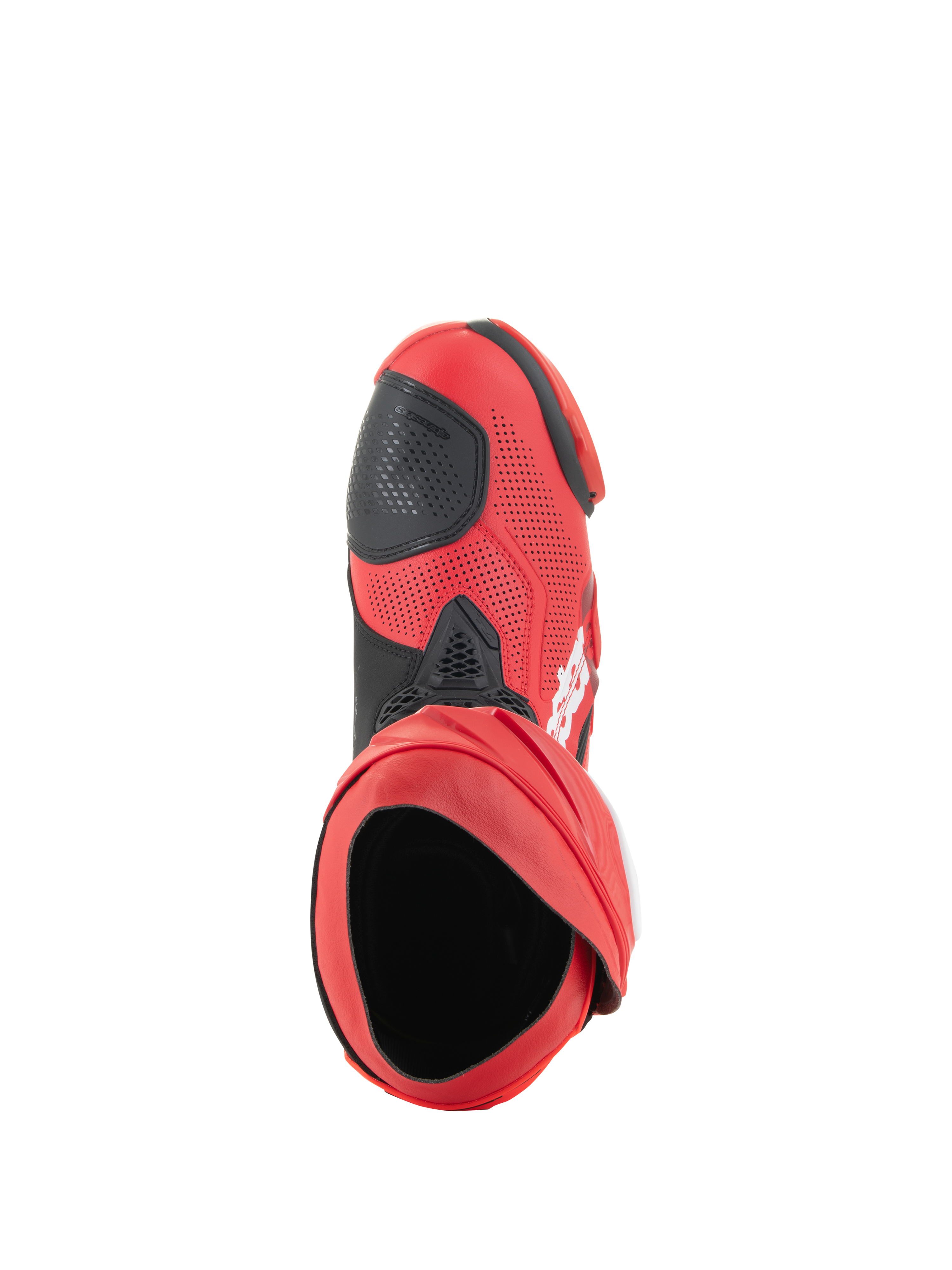 Alpinestars Supertech R Vented Boots, stivali da corsa, rosso brillante e rosso fluo, vista dall'alto che mostra l'apertura dello stivale, tomaia in microfibra traforata con protezione cambio nera, calzature professionali per pista e strada