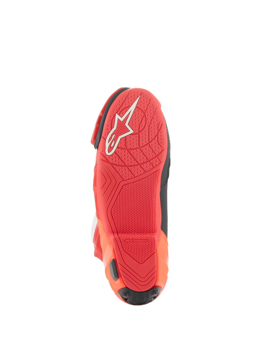 Stivali Alpinestars Supertech R Vented, stivali da corsa, rosso brillante e rosso fluo, vista della suola con mescola di gomma leggera, logo Alpinestars bianco e motivo grip strutturato per le pedane della moto.