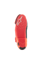 Stivali Alpinestars Supertech R Vented, stivali da corsa, rosso brillante e rosso fluo, vista della suola con mescola di gomma leggera, logo Alpinestars bianco e motivo grip strutturato per le pedane della moto.