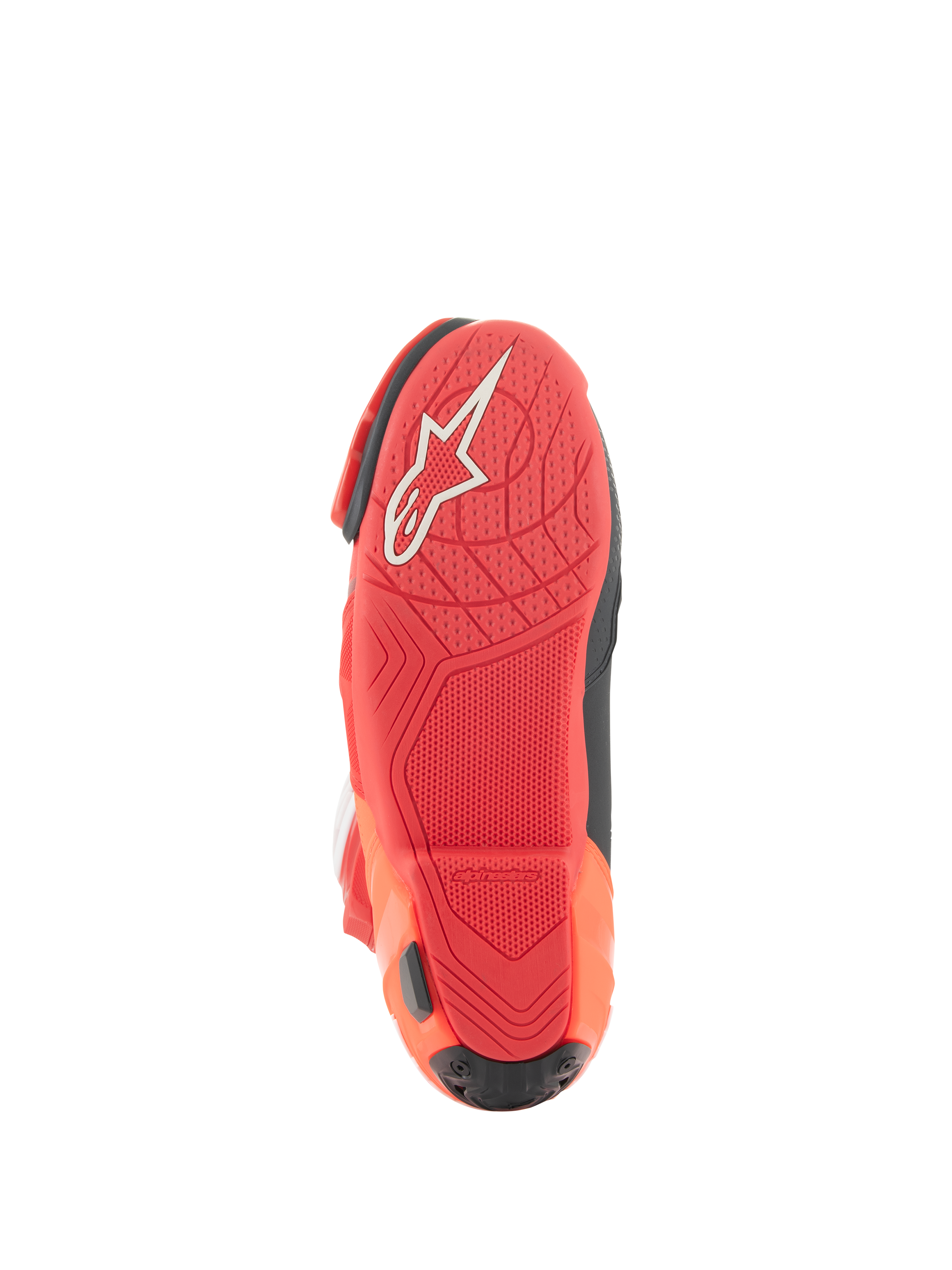 Stivali Alpinestars Supertech R Vented, stivali da corsa, rosso brillante e rosso fluo, vista della suola con mescola di gomma leggera, logo Alpinestars bianco e motivo grip strutturato per le pedane della moto.