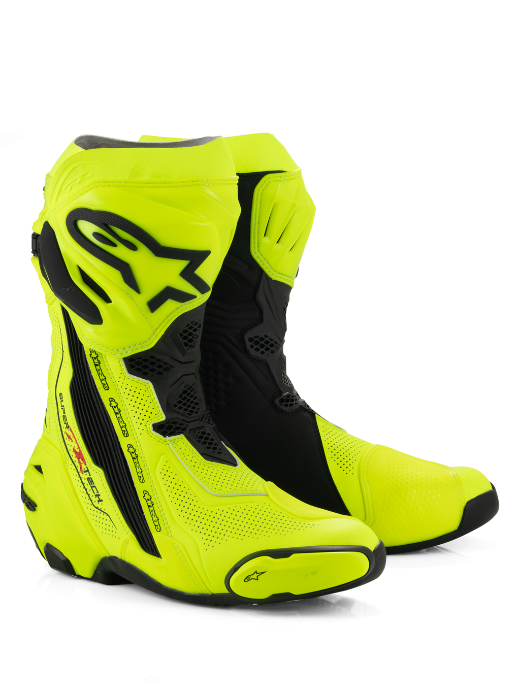 Alpinestars Supertech R Vented Boots, stivali da moto racing, giallo fluo e nero, caratterizzati da ampie perforazioni per il flusso d'aria, placca tibiale e protezioni per il tallone in TPU nero, e un profilo aerodinamico per uso su pista e strada ad alte prestazioni.