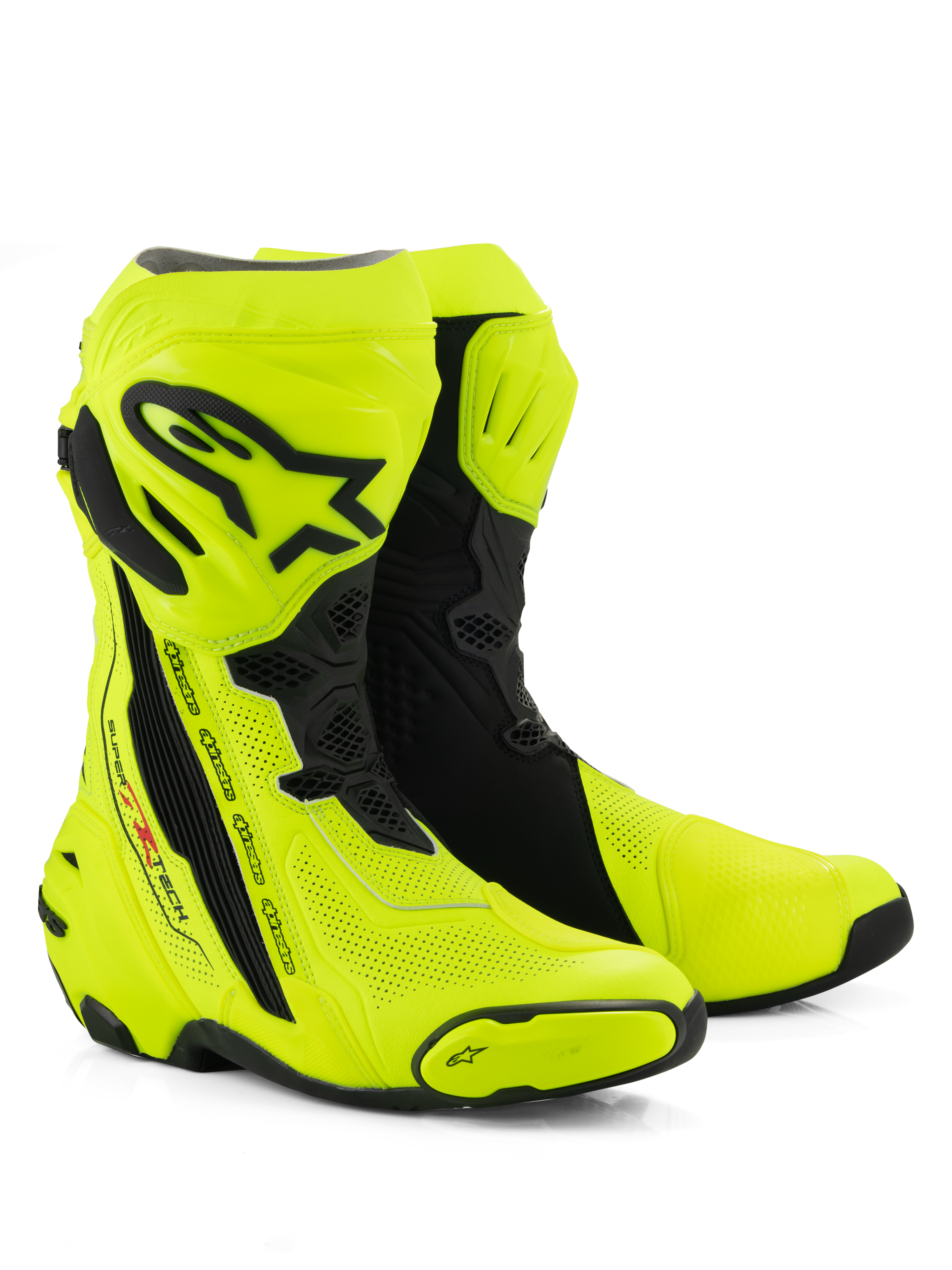 Alpinestars Supertech R Vented Boots, stivali da moto racing, giallo fluo e nero, caratterizzati da ampie perforazioni per il flusso d'aria, placca tibiale e protezioni per il tallone in TPU nero, e un profilo aerodinamico per uso su pista e strada ad alte prestazioni.
