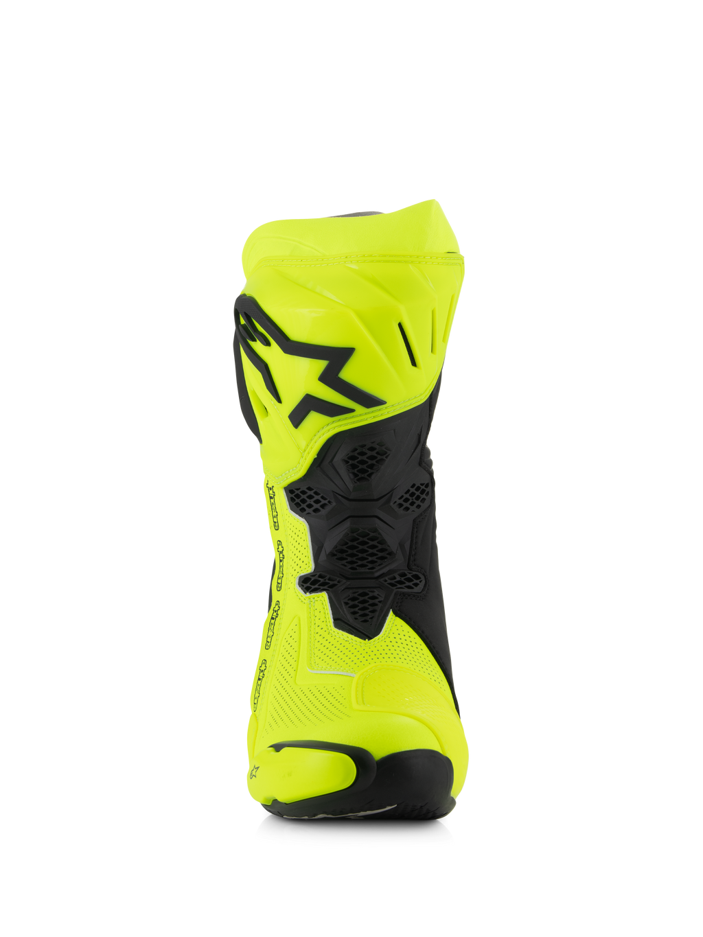 Alpinestars Supertech R Vented Boots, stivali racing da moto, giallo fluo e nero, vista frontale con microfibra traforata, piastra tibiale in TPU con logo a stella nero e rete di ventilazione per il massimo flusso d'aria