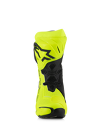 Alpinestars Supertech R Vented Boots, stivali racing da moto, giallo fluo e nero, vista frontale con microfibra traforata, piastra tibiale in TPU con logo a stella nero e rete di ventilazione per il massimo flusso d'aria