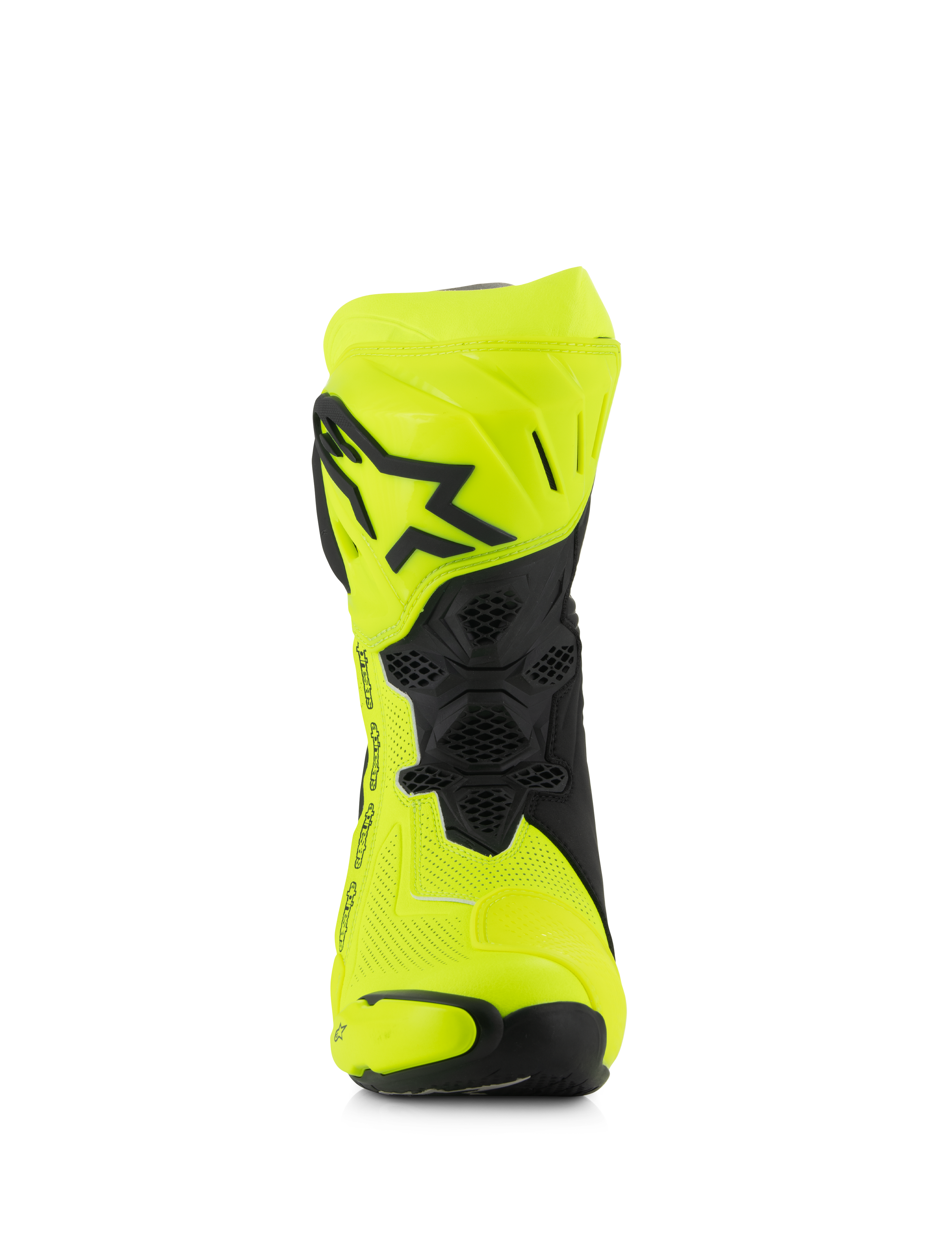 Alpinestars Supertech R Vented Boots, stivali racing da moto, giallo fluo e nero, vista frontale con microfibra traforata, piastra tibiale in TPU con logo a stella nero e rete di ventilazione per il massimo flusso d'aria