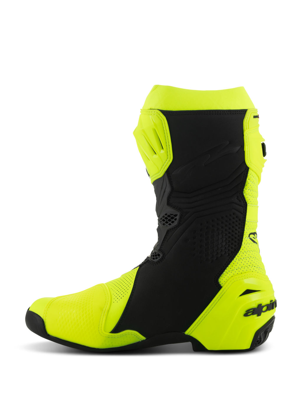 Stivali Alpinestars Supertech R Vented, stivali da moto racing professionali, giallo fluo e nero, profilo lato mediale, costruzione in microfibra traforata per un elevato flusso d'aria, placche protettive in TPU su stinco e tallone, design aerodinamico per la guida in pista